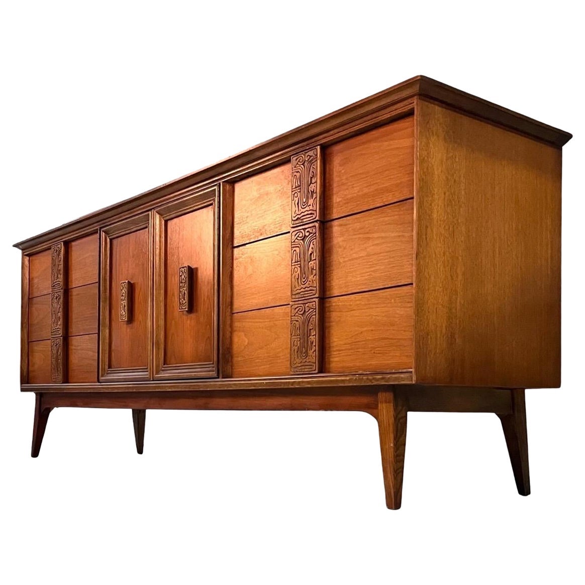 Bassett “Mayan” Mid-Century Modern Vintage Long Lowboy Dresser, circa1960s