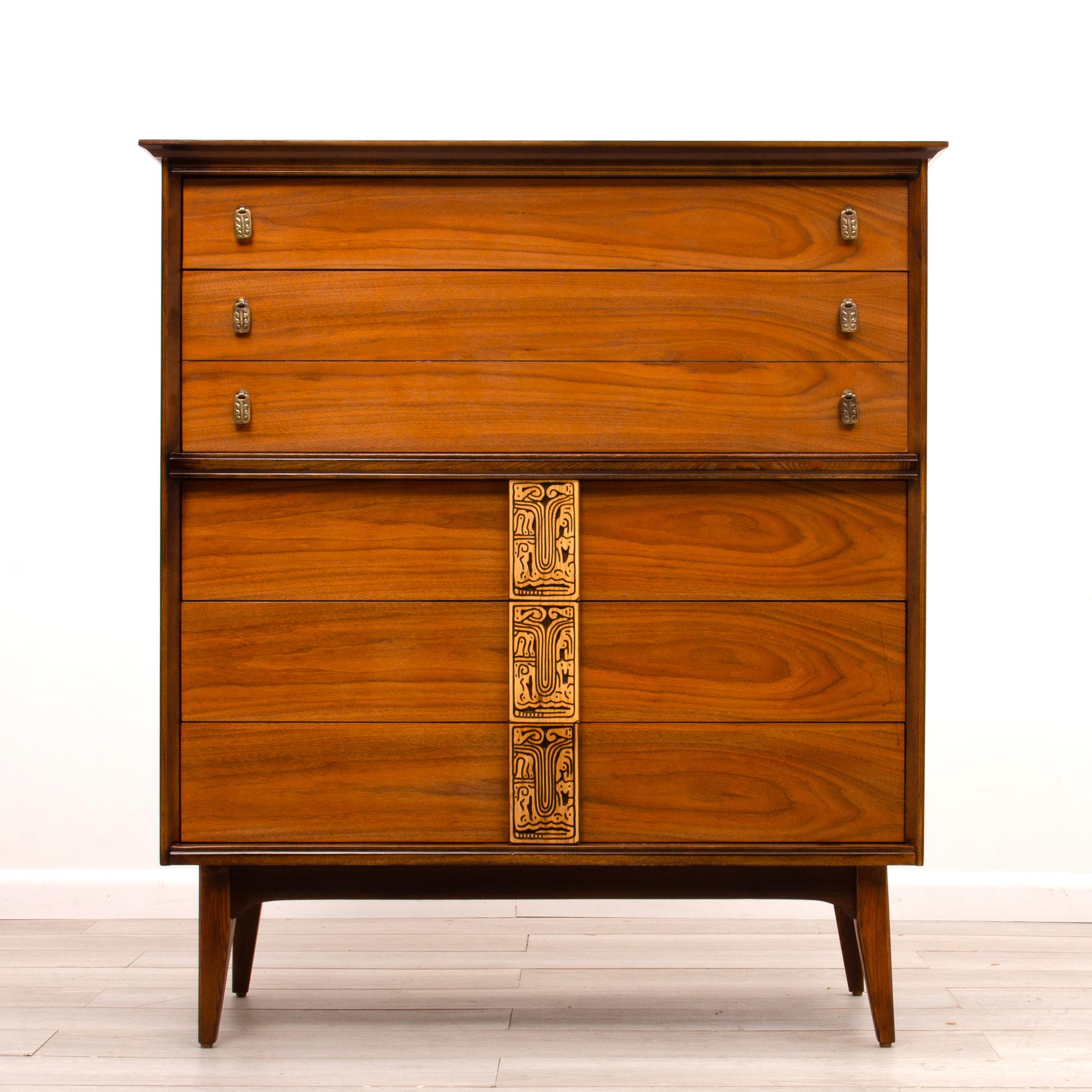 Bassett Mayan Tall Chest Highboy Dresser Mid Century Modern 1960s In Good Condition For Sale In Forest Grove, PA