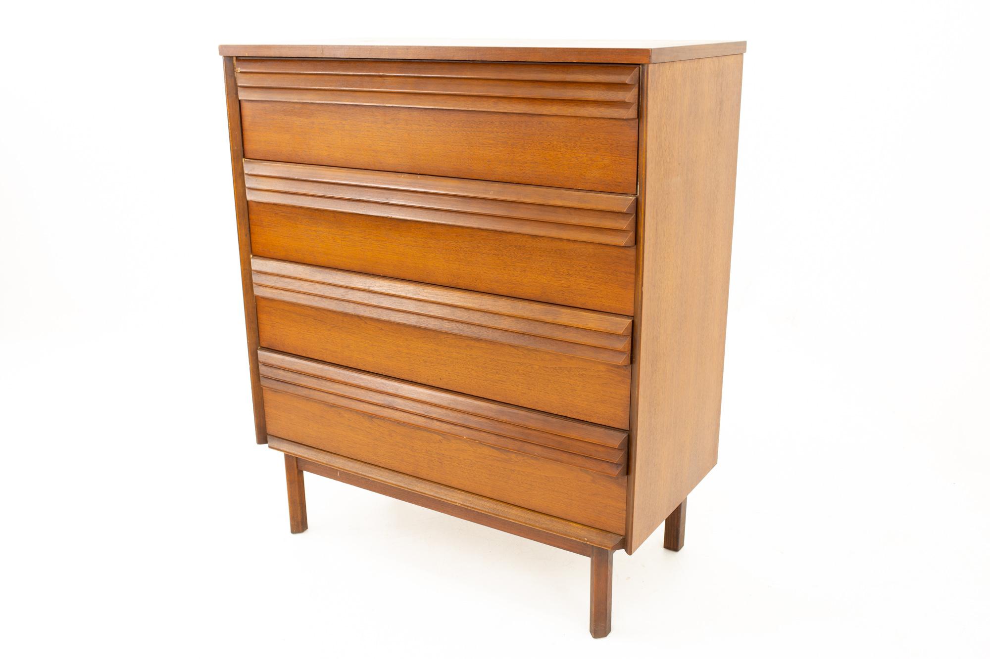 Bassett Mid Century louvered walnut 4 drawer highboy dresser
Dresser measures: 38.5 wide x 18.5 deep x 44 high

All pieces of furniture can be had in what we call restored vintage condition. That means the piece is restored upon purchase so it’s