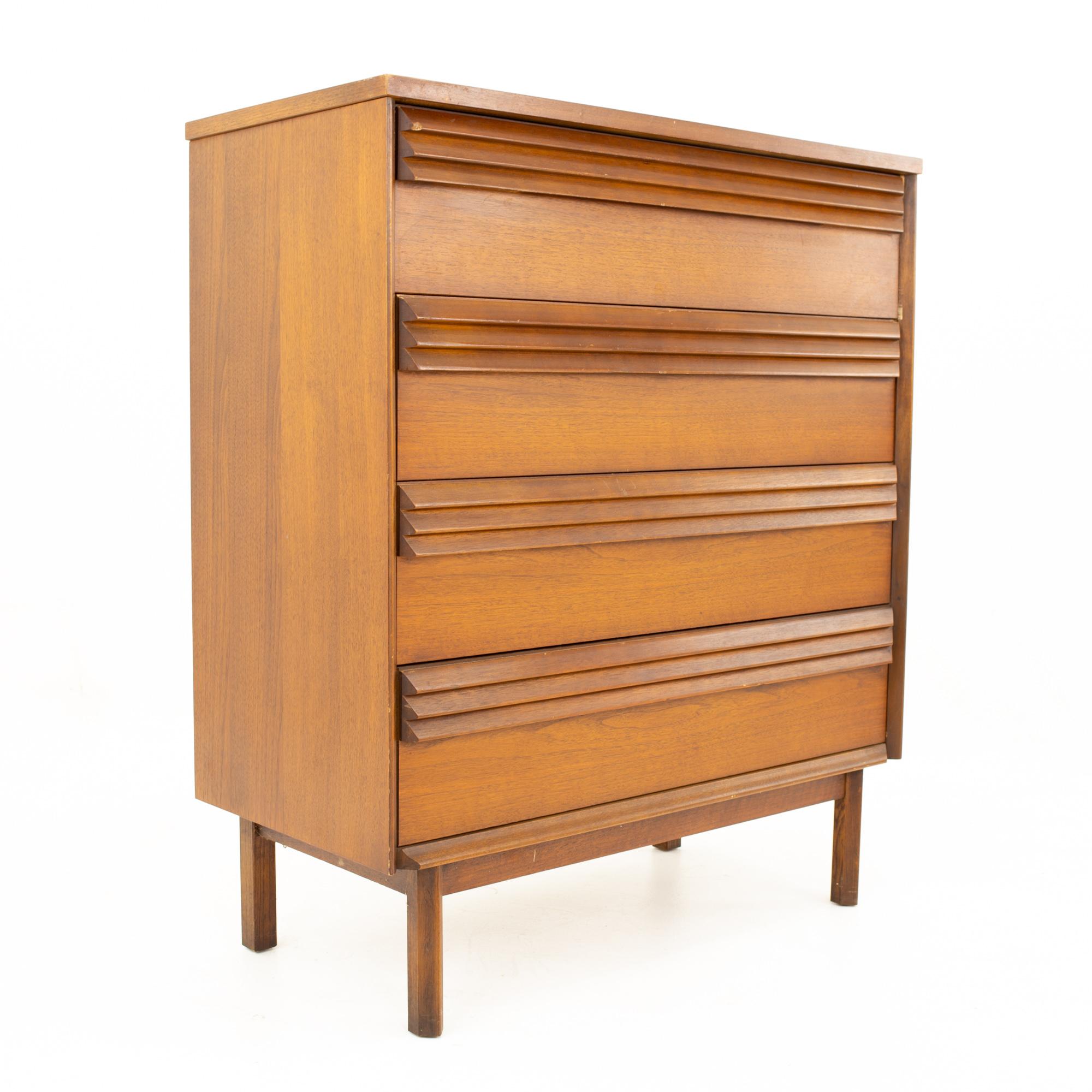 Mid-Century Modern Bassett Mid Century Louvered Walnut 4 Drawer Highboy Dresser