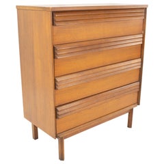 Bassett Mid Century Louvered Walnut 4 Drawer Highboy Dresser