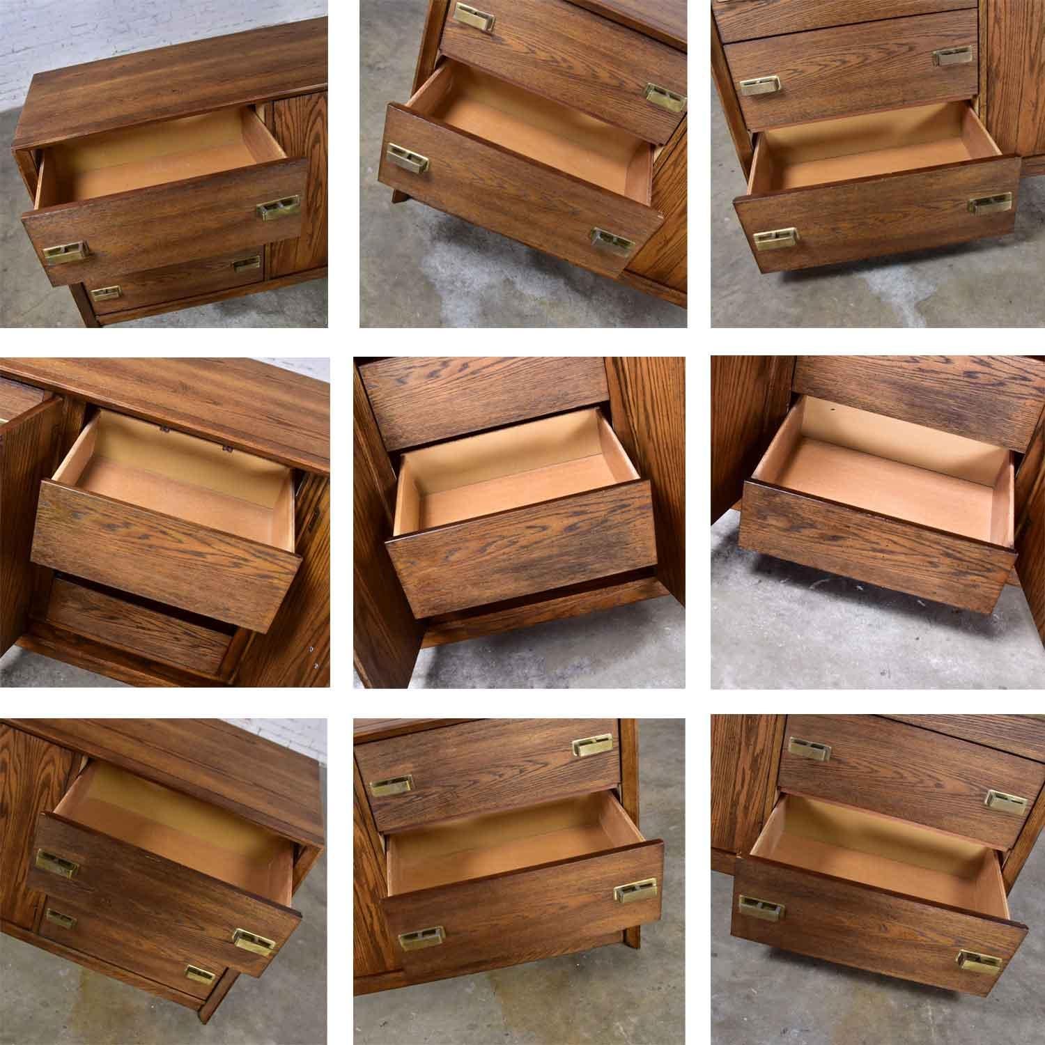 Bassett Modern Credenza Buffet Dresser in Medium Tone Finish & Brass Plate Pulls For Sale 9