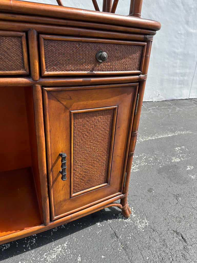 Bassett Rattan Wood Arch Wine Bar Hutch Storage Cabinet For Sale