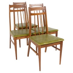 Bassett Style Mid Century Walnut and Green Vinyl Dining Chairs, Set of 4