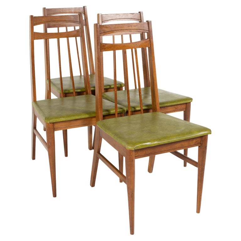 Bassett Style Mid Century Walnut and Green Vinyl Dining Chairs, Set of
