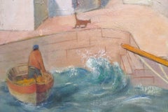 Oriignal 1950's French oil painting Modernist Impressionist Harbour At Quiberon