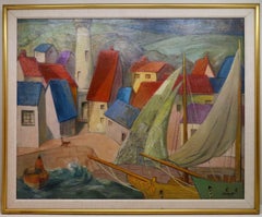 Oriignal 1950's French oil painting Modernist Impressionist Harbour At Quiberon