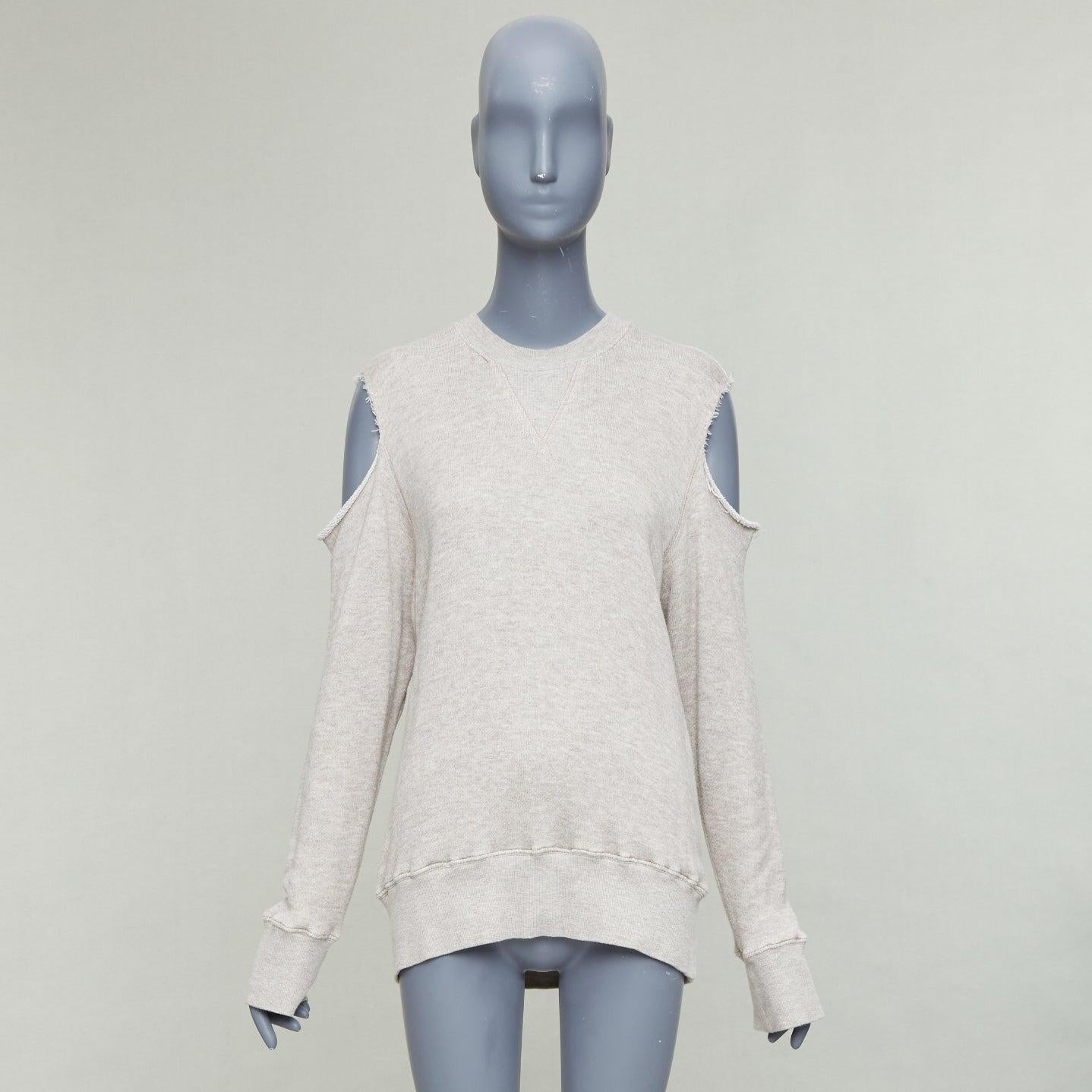 BASSIKE Washed Cut Out Sweat beige cold shoulder frayed sweater Sz1 en vente 4