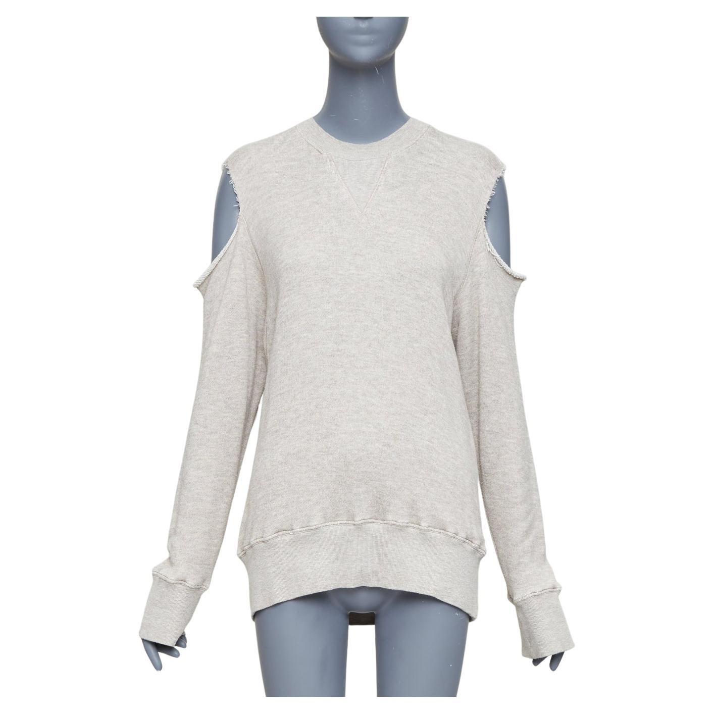 BASSIKE Washed Cut Out Sweat beige kalte Schulter ausgefranst Pullover Sz1
