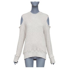 BASSIKE Washed Cut Out Sweat beige kalte Schulter ausgefranst Pullover Sz1