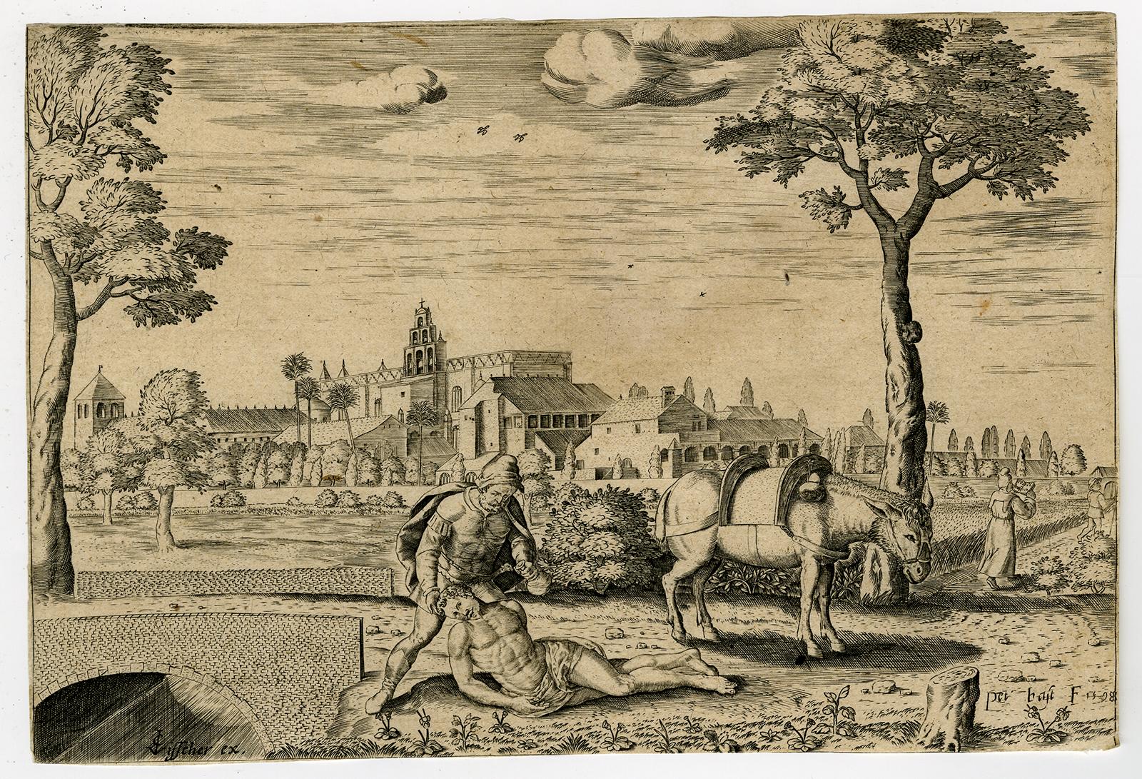 Subject: Antique Master Print, untitled. Southern landscape with the scene of the Good Samaritan. Rare, even the second state of this print published by Visscher is uncommon.
 
 Description: Source unknown, to be determined. State: Second state of