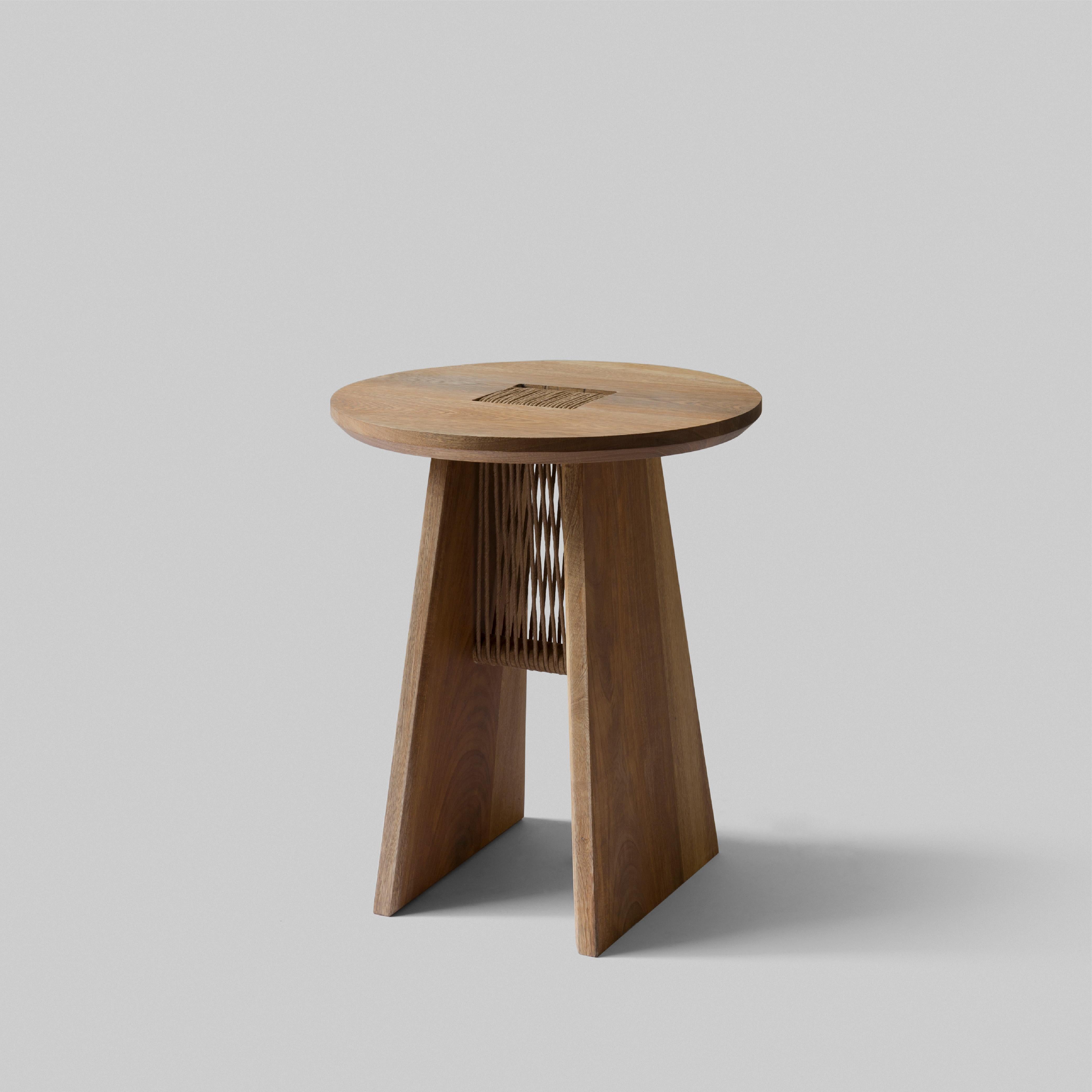 Mexican Basurto 02 Contemporary Wooden Stool with Leather Details For Sale