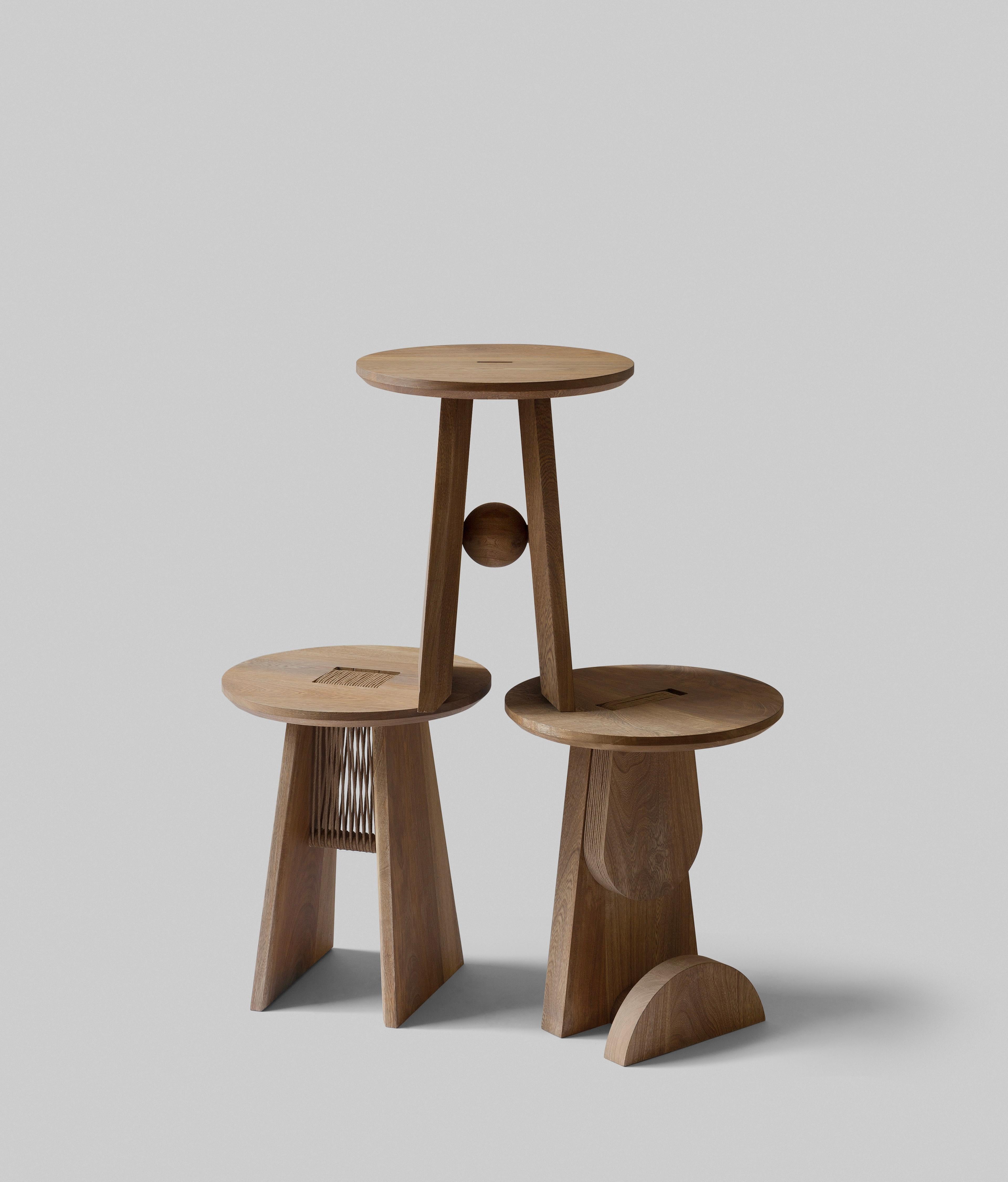 Hand-Crafted Basurto 02 Contemporary Wooden Stool with Leather Details For Sale
