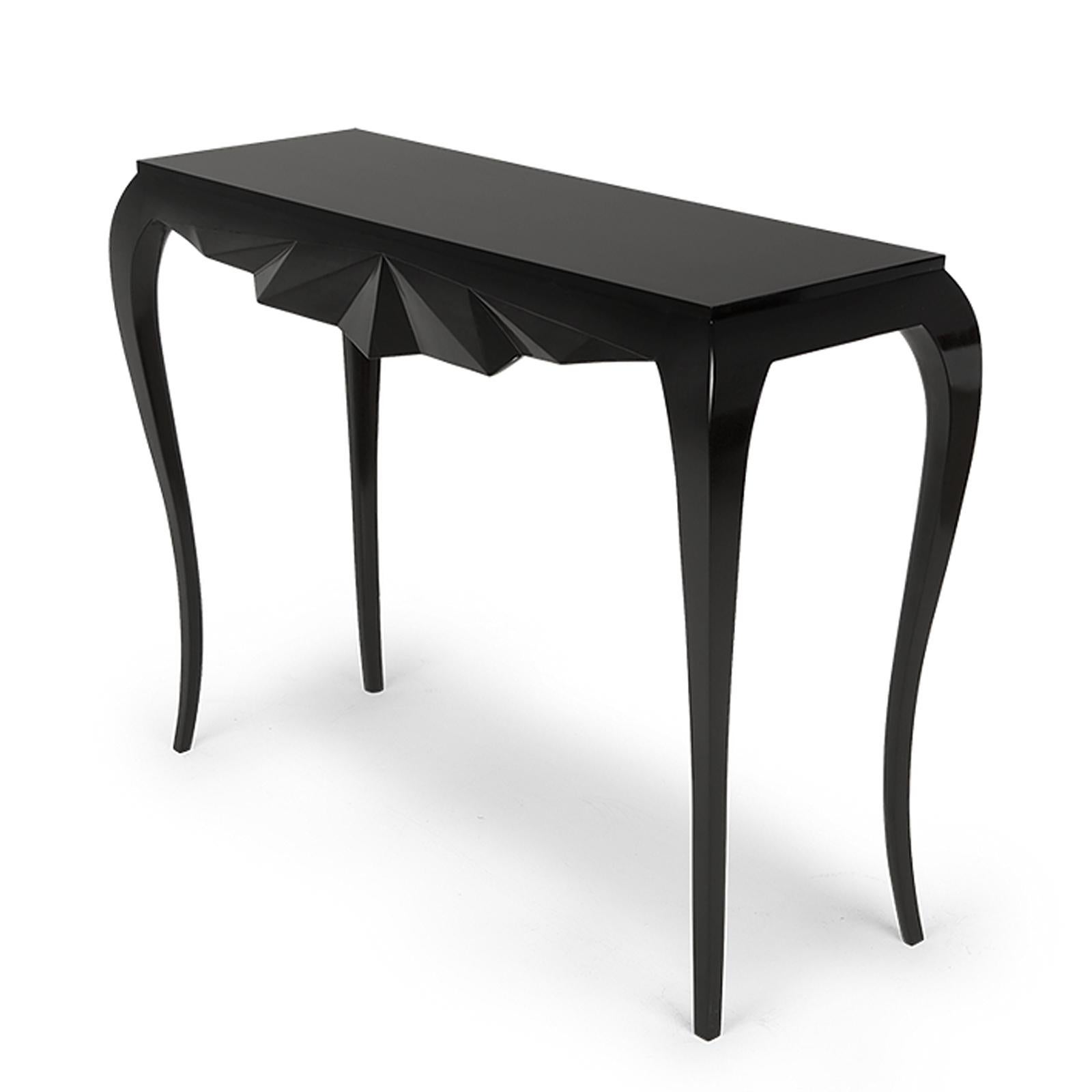 English Bat Console Table in Black Lacquered Solid Mahogany For Sale