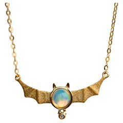Bat Design Australian Solid Opal & Diamond Necklace 14K