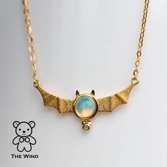 Adorable Bat Design Australian Solid Opal & Diamond Necklace 18K Yellow Gold