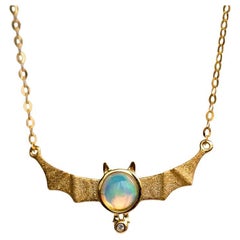 Bat Design Australian Solid Opal & Diamond Necklace 18K Yellow Gold