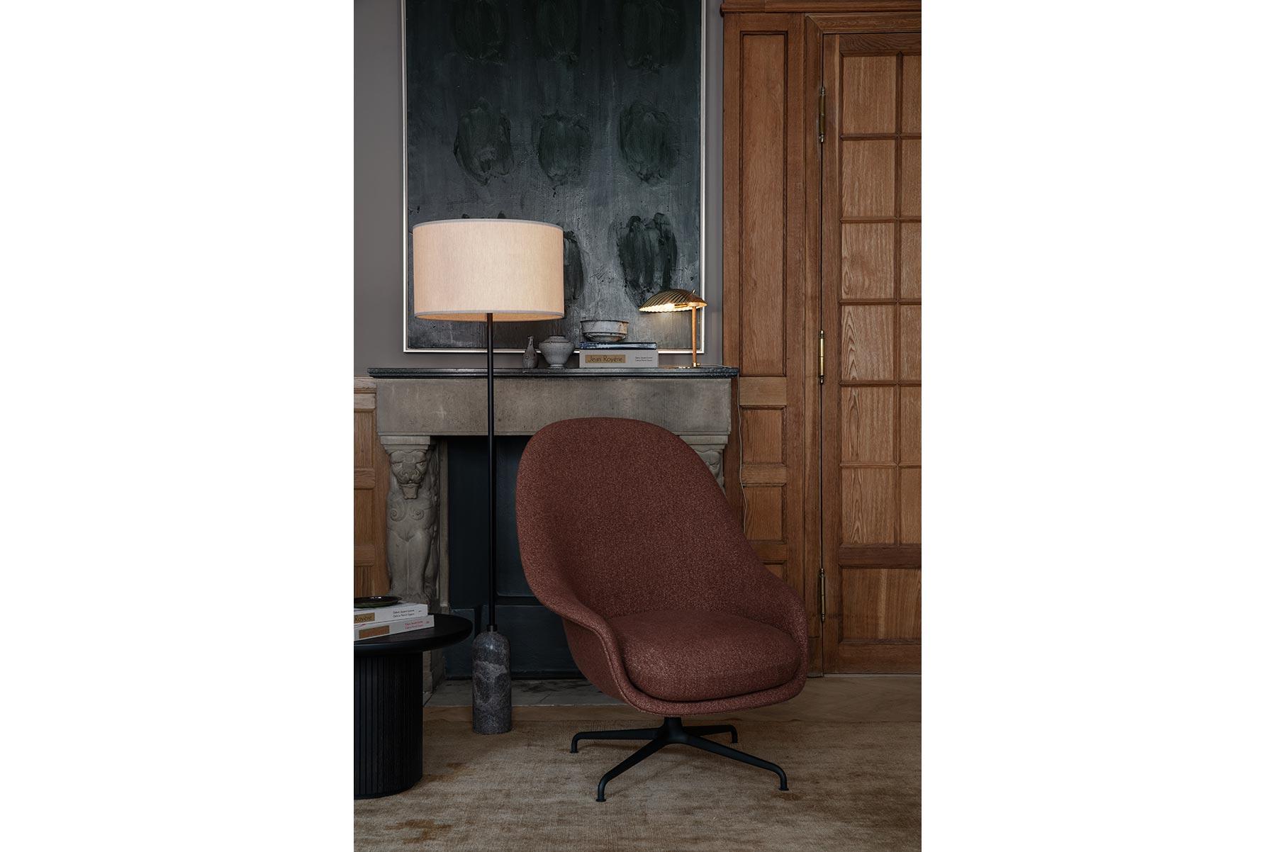 Danish Bat Highback Lounge Chair, Fully Upholstered, Conic Base, Black Chrome For Sale