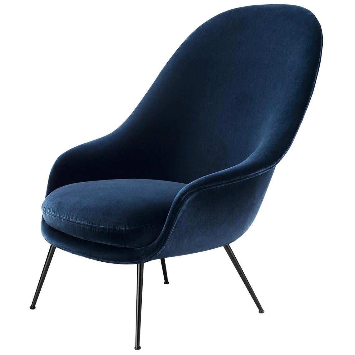Bat Highback Lounge Chair, Fully Upholstered, Conic Base, Black Chrome