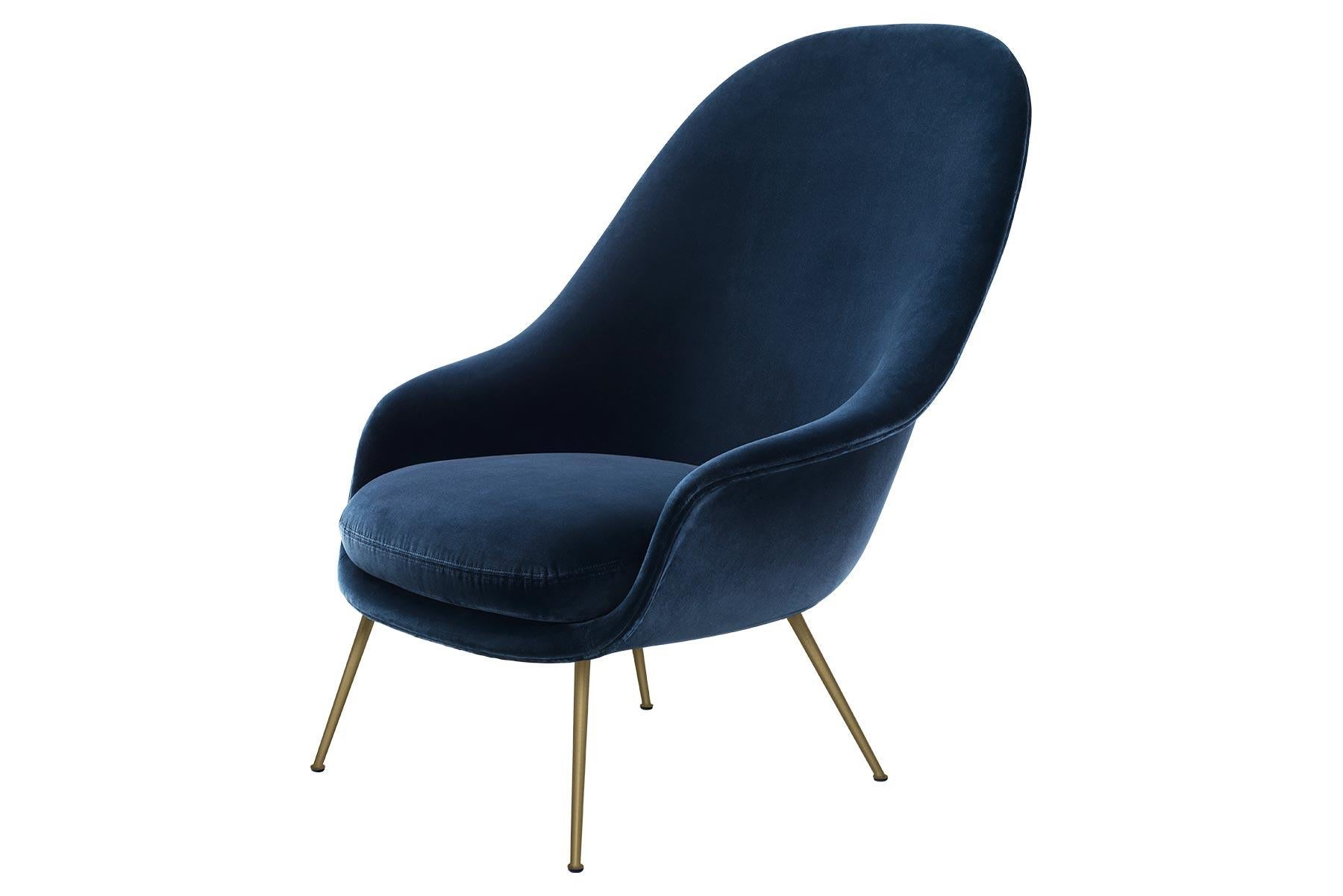 Danish Bat Highback Lounge Chair, Fully Upholstered, Conic Base, Brass Semi Matte For Sale