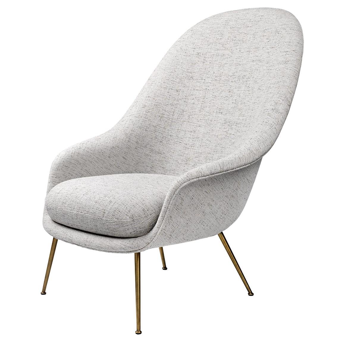 Bat Highback Lounge Chair, Fully Upholstered, Conic Base, Brass Semi Matte For Sale