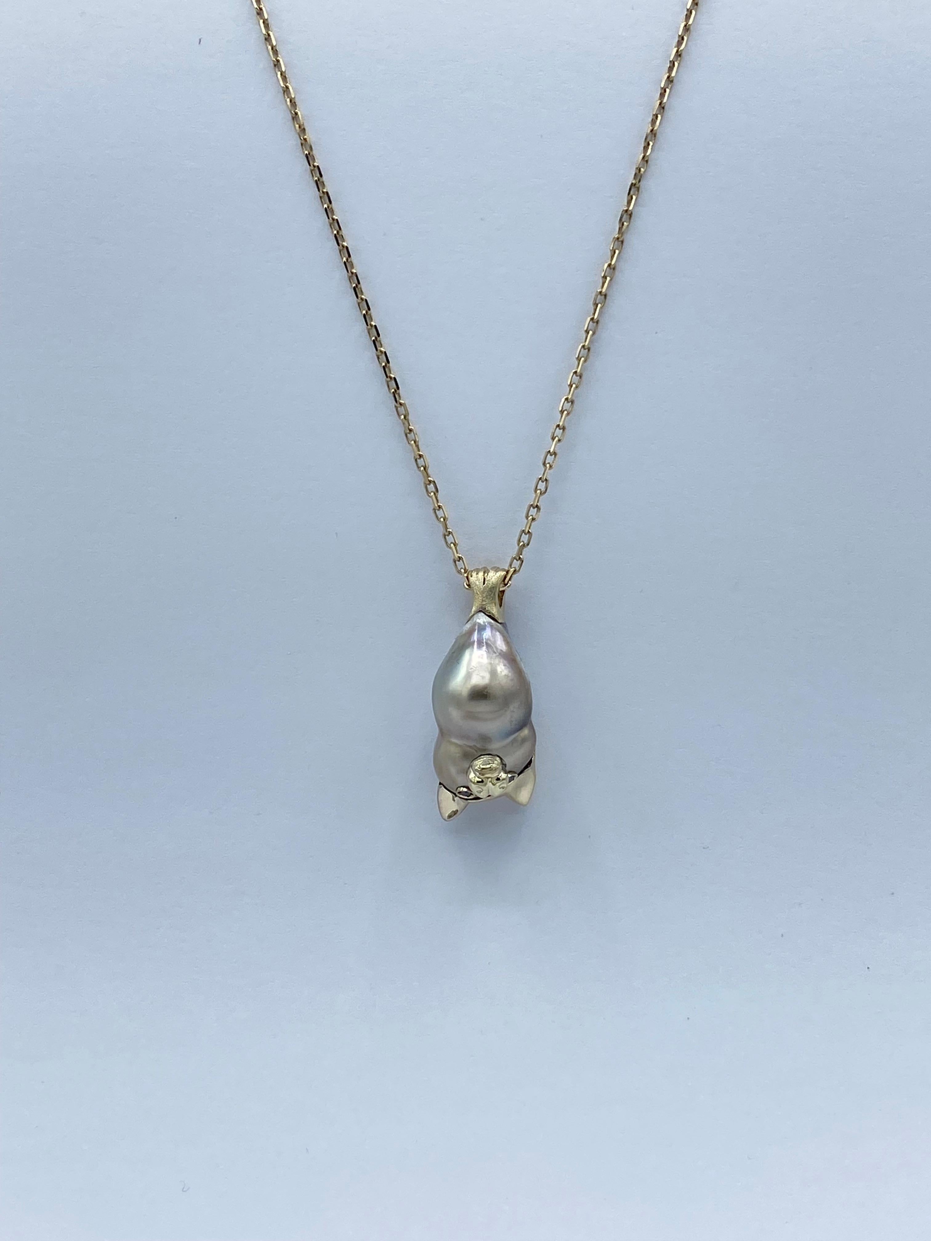 Bat Keshi Tahitian Pearl 18 Karat Gold Black Diamond Pendant Necklace 3