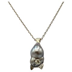 Bat Keshi Tahitian Pearl 18 Karat Gold Black Diamond Pendant Necklace