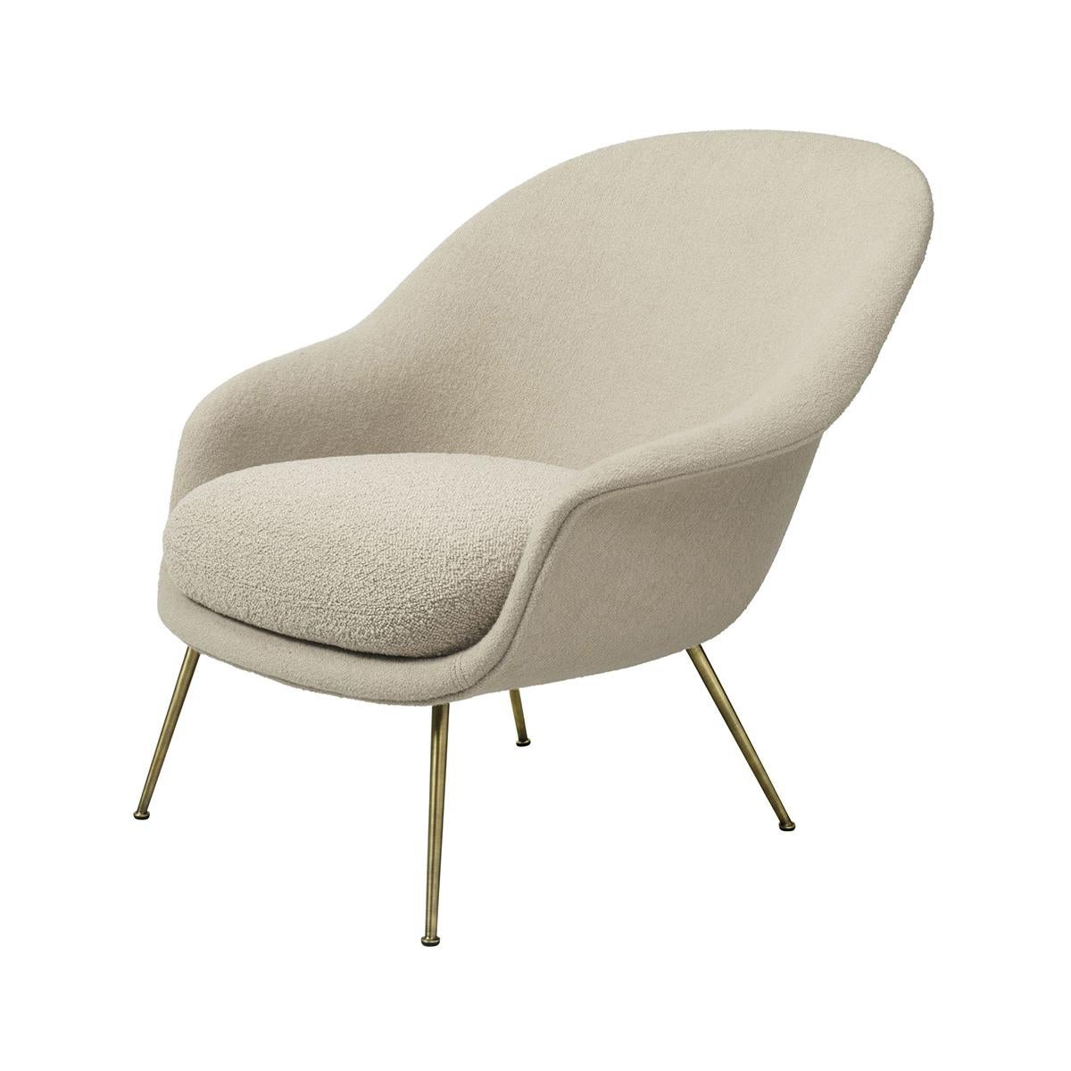 Scandinavian Modern Bat Lounge Chair, Low Back Fully Upholstered with Semi Matt Brass Legs For Sale