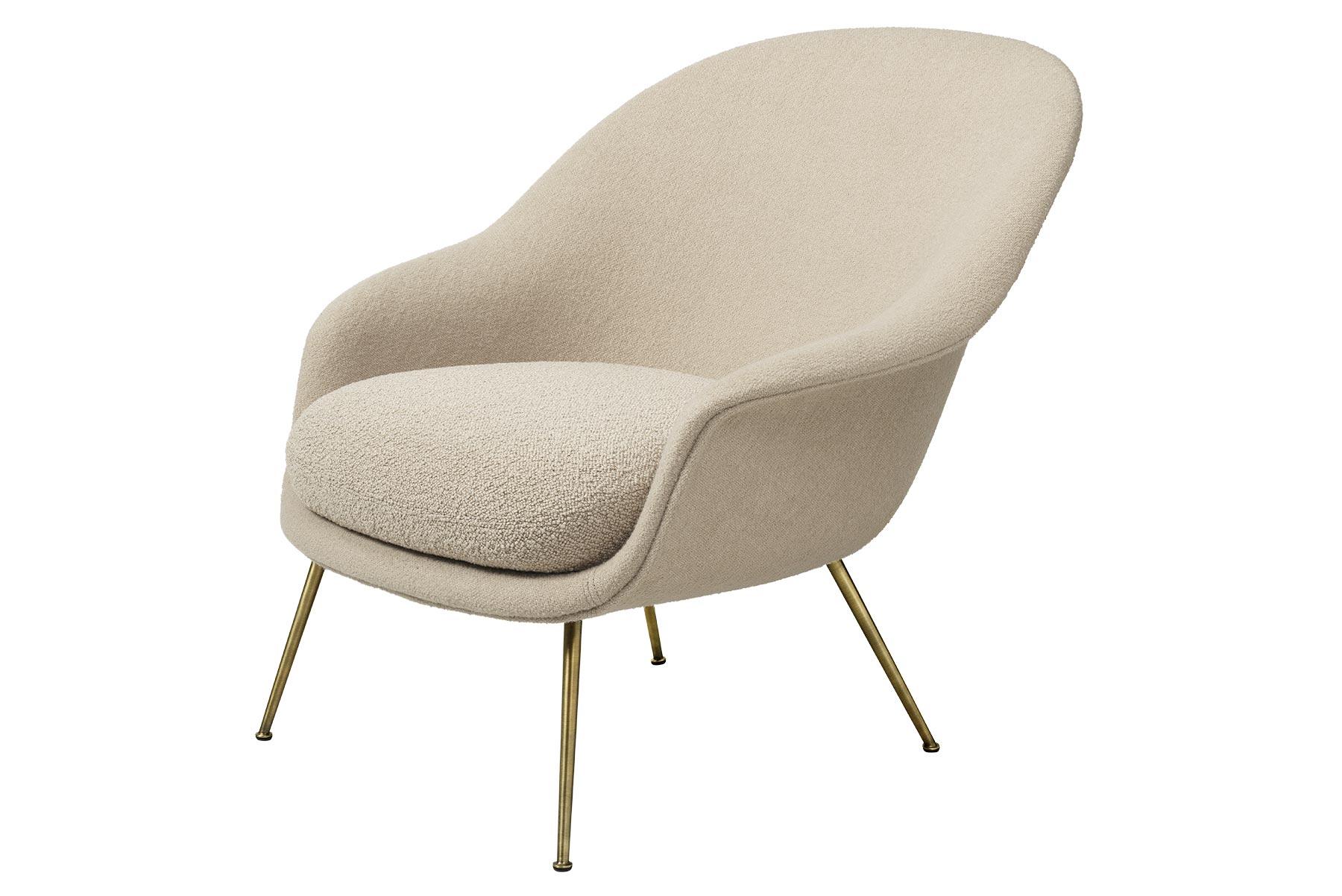 Mid-Century Modern Bat Low Back Lounge Chair, Fully Upholstered, Conic Base, Antique Brass For Sale