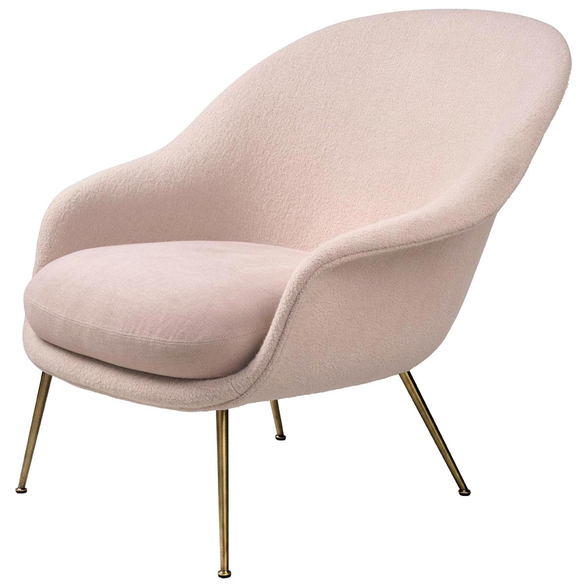Bat Low Back Lounge Chair, Fully Upholstered, Conic Base, Antique Brass