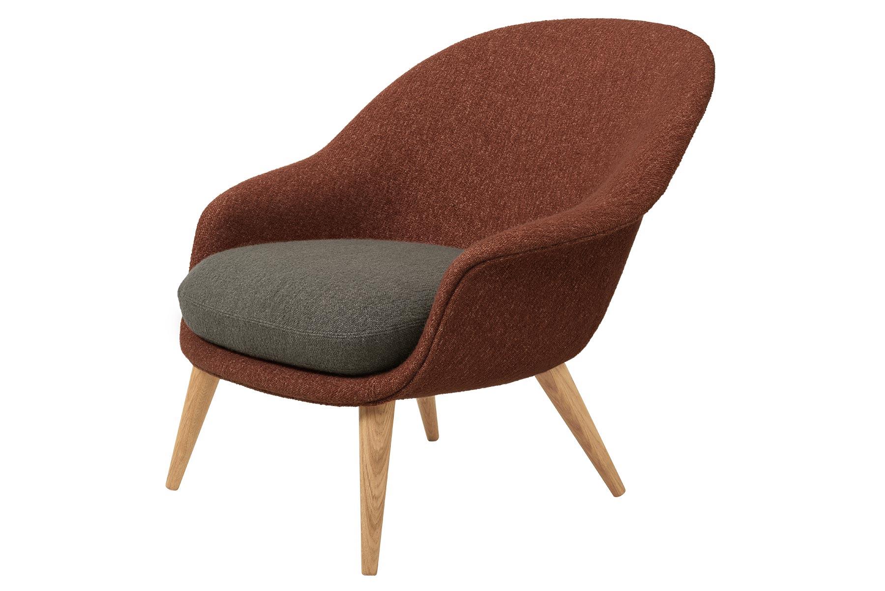 Danish Bat Low Back Lounge Chair, Fully Upholstered, Stained Oak Base For Sale