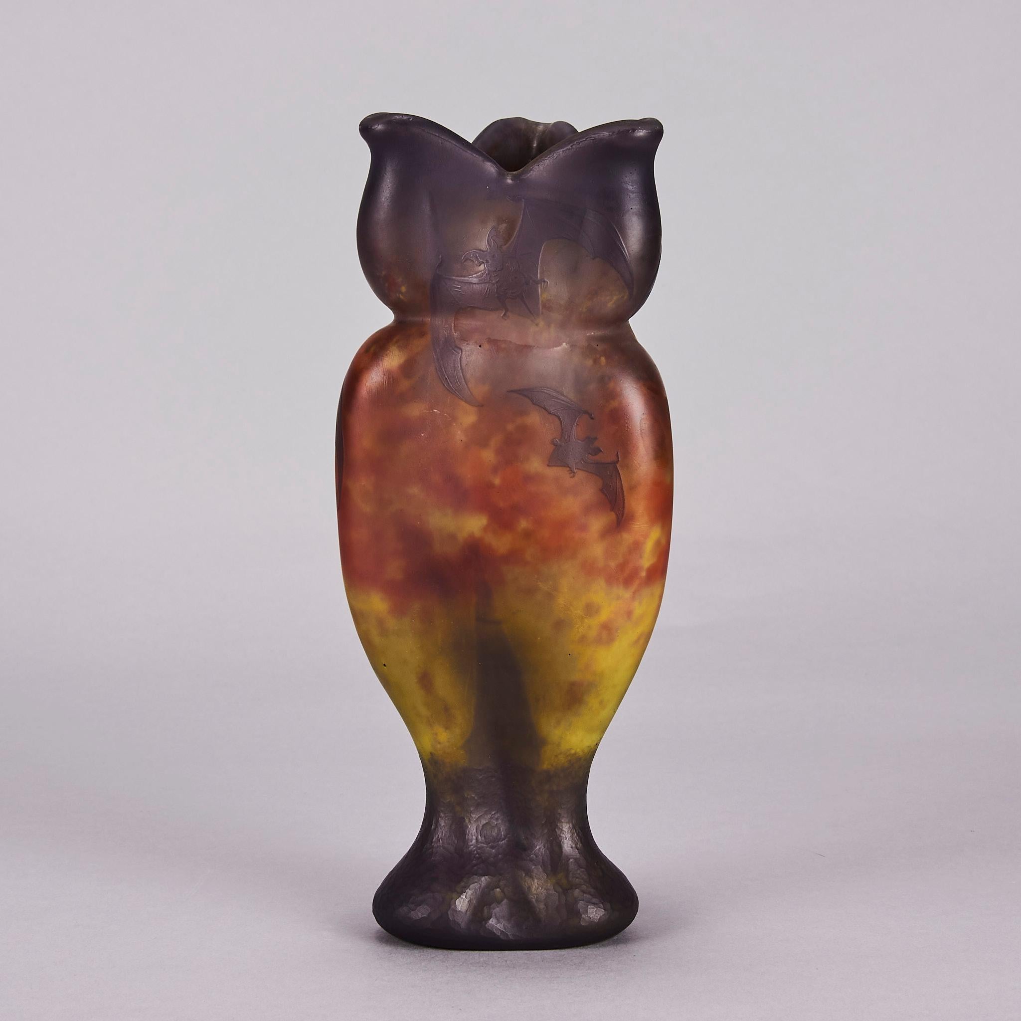 French “Bat Vase” Art Nouveau Cameo Glass Vase by Daum Frères, circa 1900 For Sale