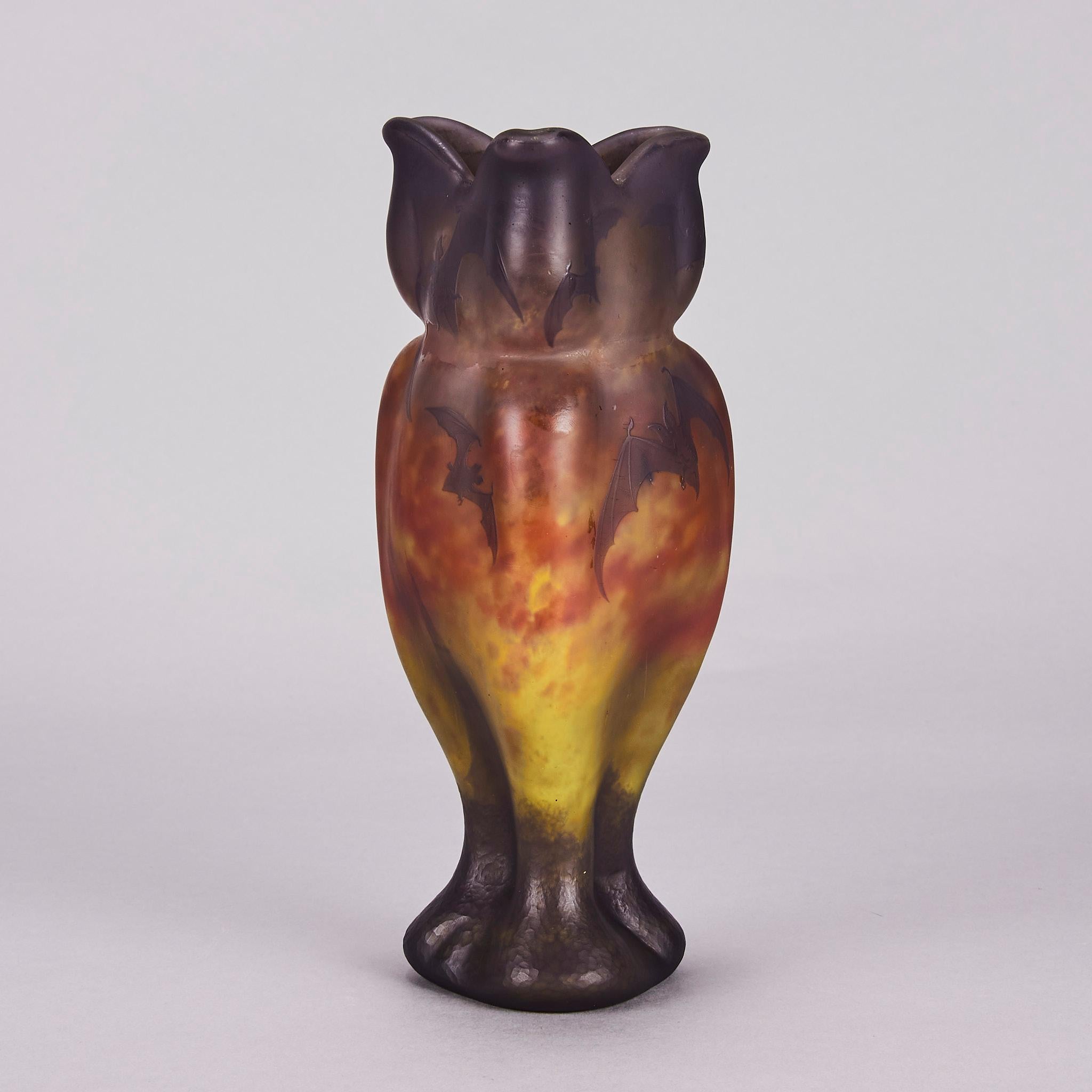 Molded “Bat Vase” Art Nouveau Cameo Glass Vase by Daum Frères, circa 1900 For Sale