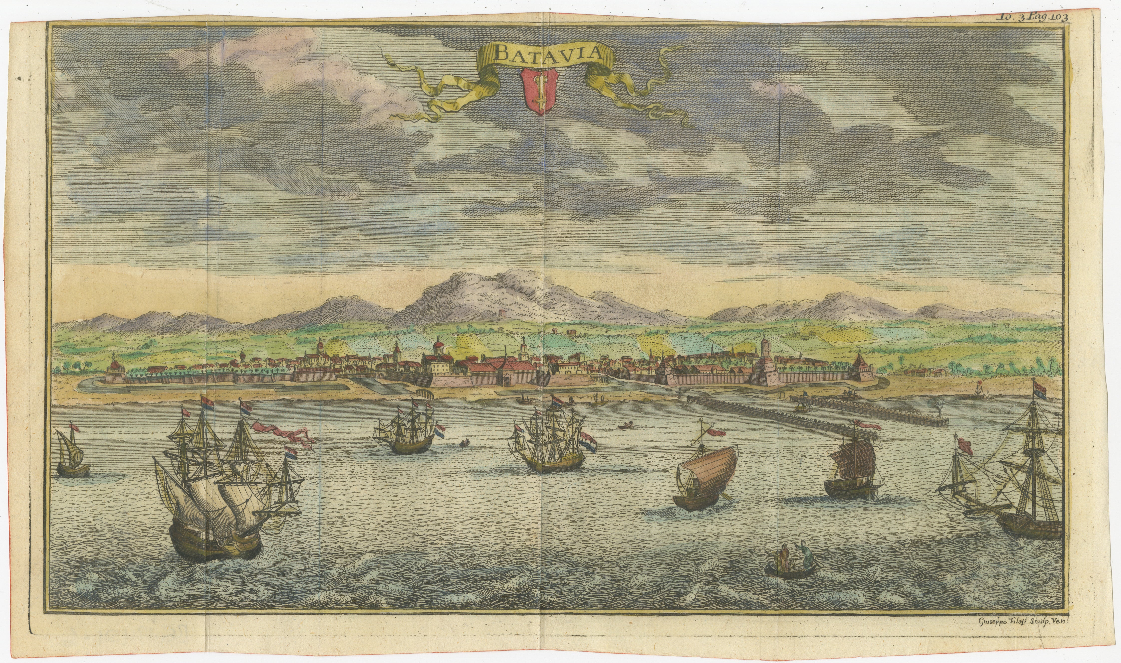 A historical print depicting the city of Batavia (present-day Jakarta during the Dutch colonial period). The view is from the sea, looking towards the city. The skyline is dominated by European-style buildings, indicative of colonial architecture,