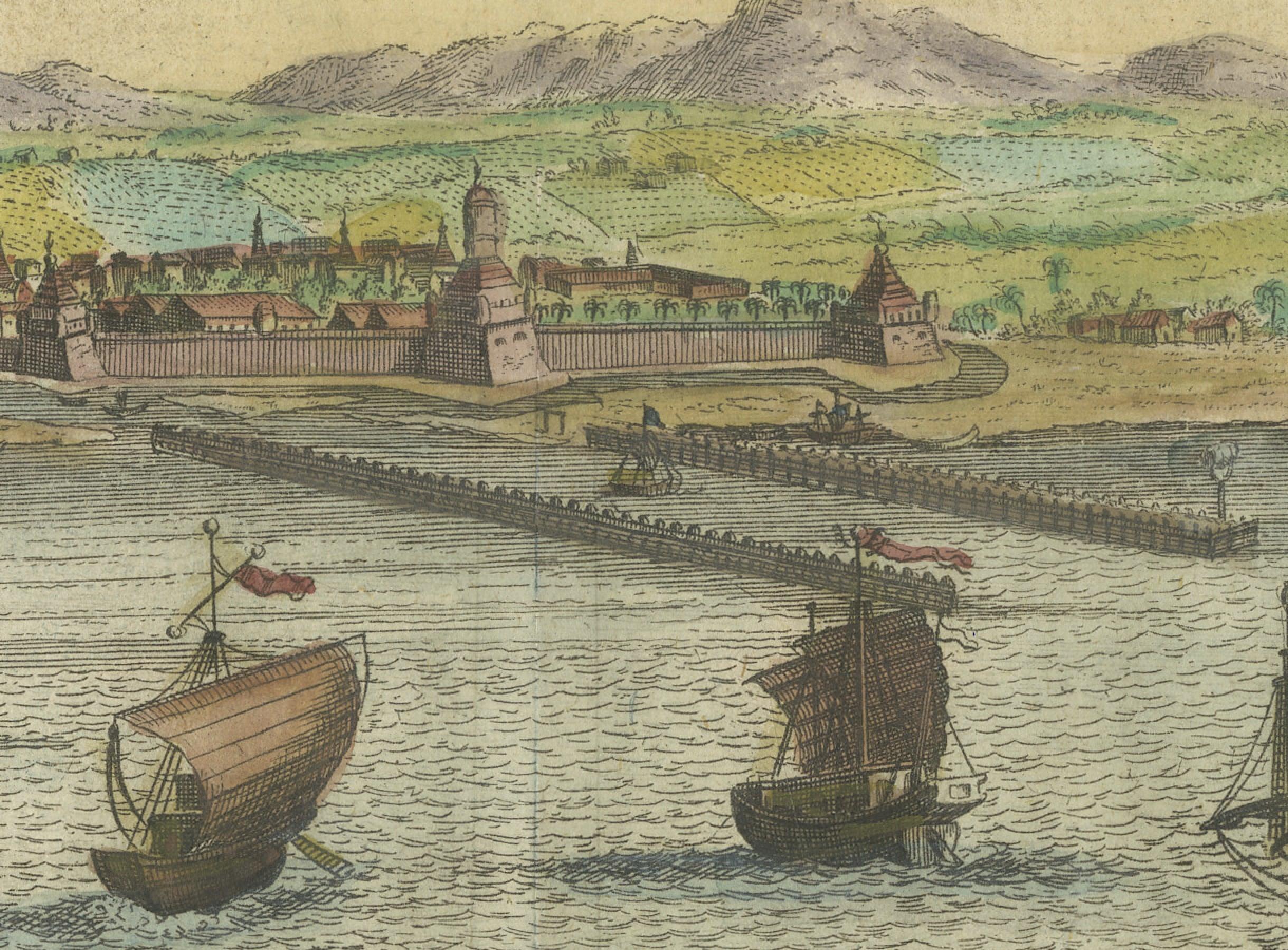Mid-18th Century Batavia 1733 - Hand-Colored Antique Harbor Map of Nowadays Jakarta in Indonesia