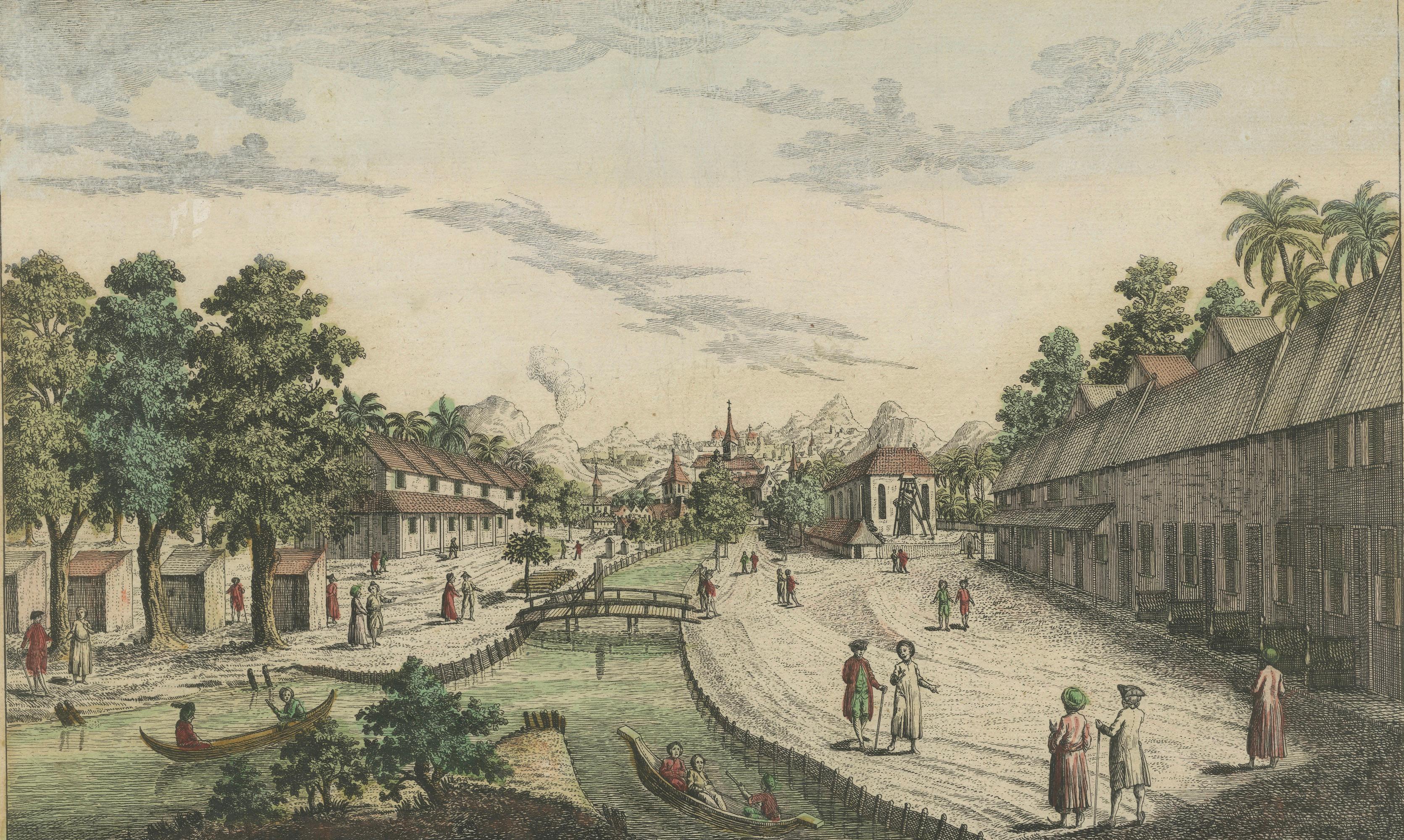 Allemand Batavia, une vue de l'église portugaise - Estampe optique ancienne, Indonésie 1770 en vente