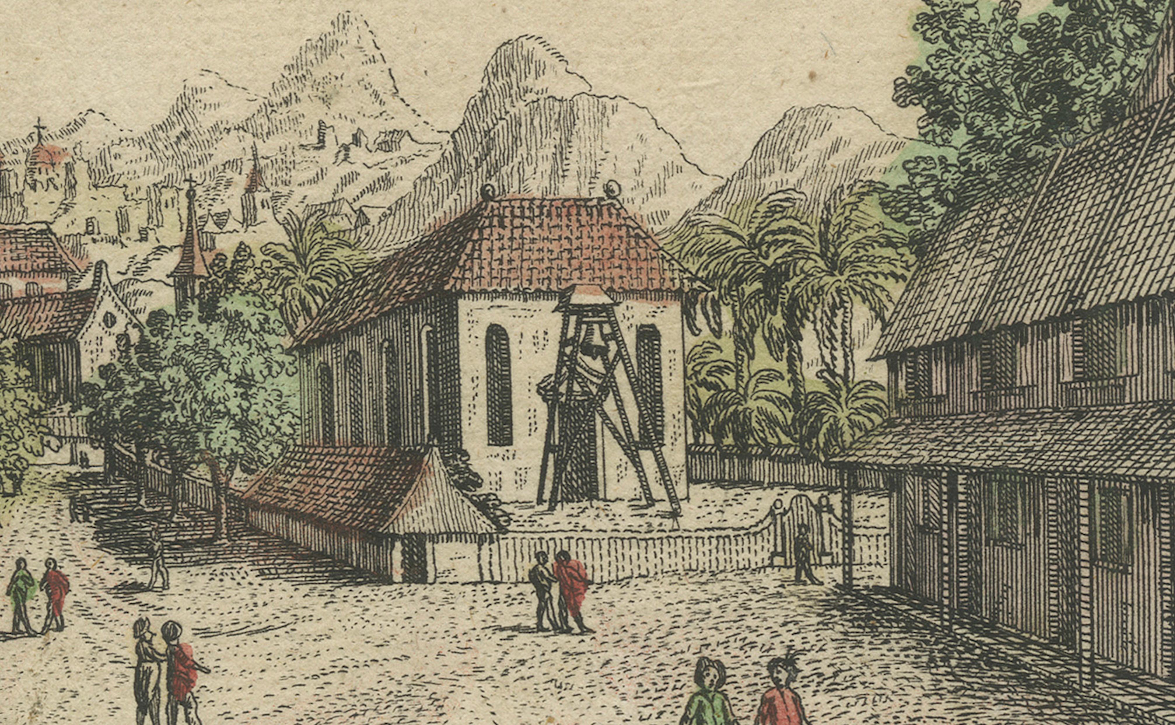 Gravé Batavia, une vue de l'église portugaise - Estampe optique ancienne, Indonésie 1770 en vente
