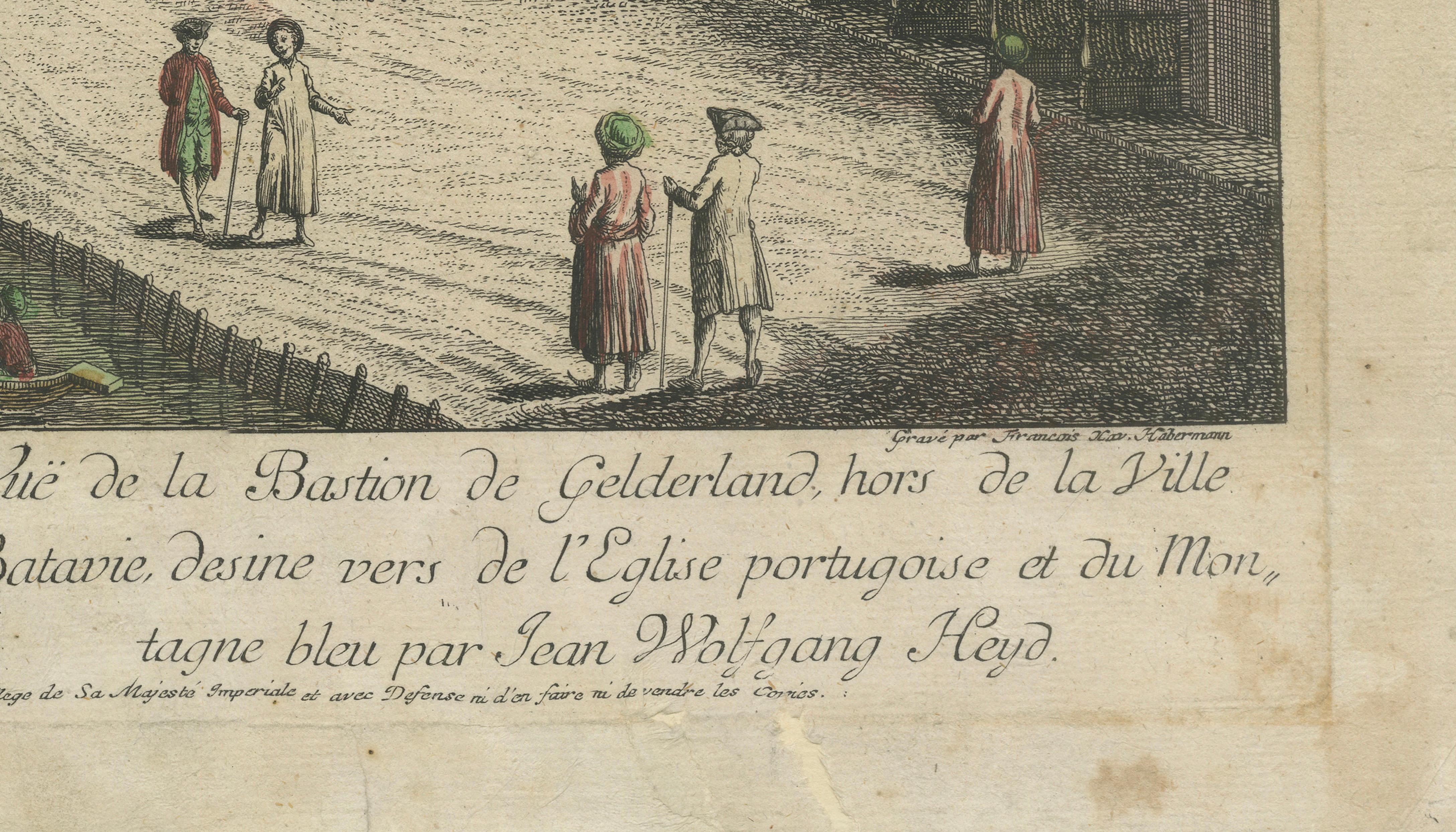 Batavia, une vue de l'église portugaise - Estampe optique ancienne, Indonésie 1770 État moyen - En vente à Langweer, NL