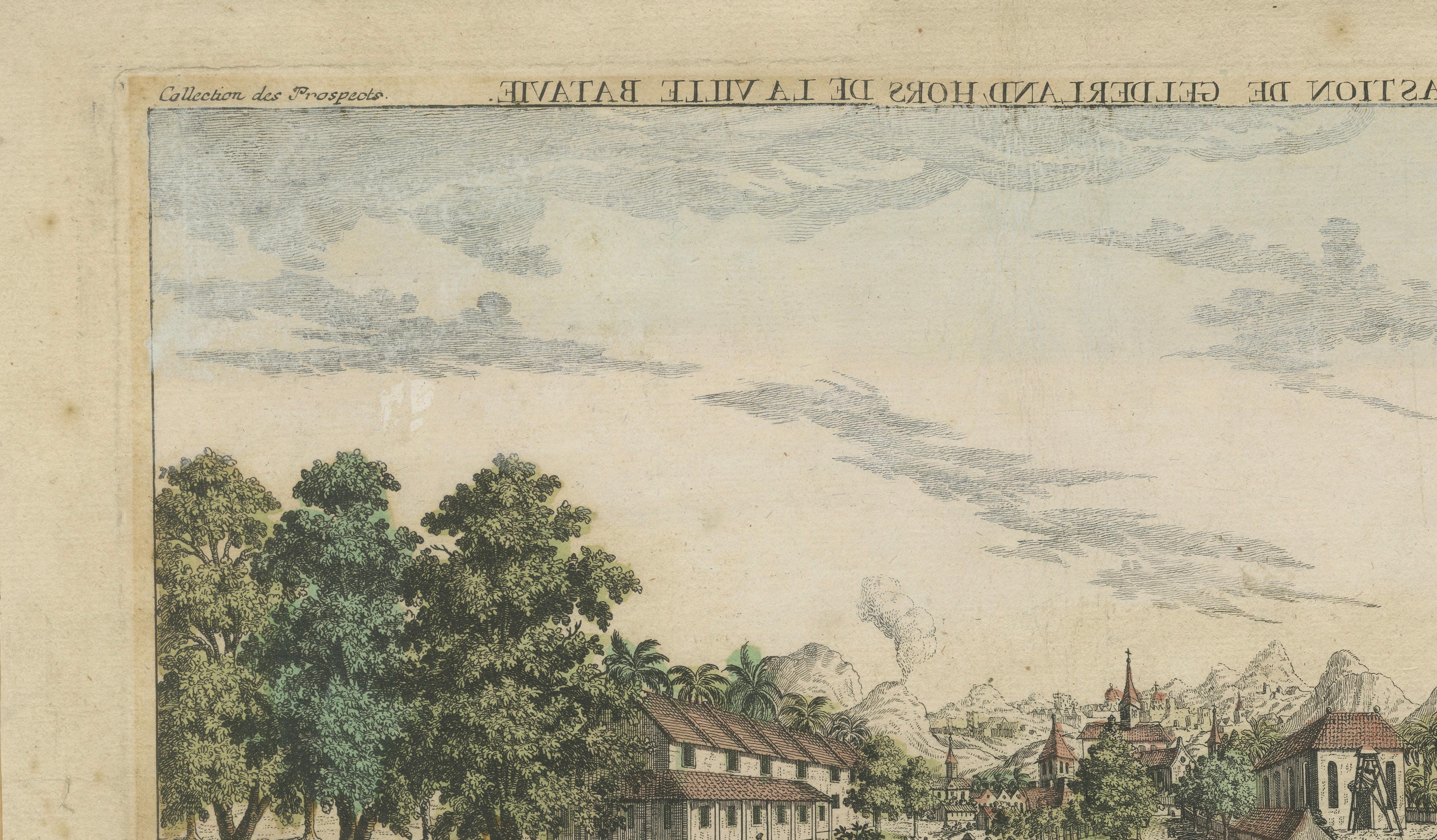 Papier Batavia, une vue de l'église portugaise - Estampe optique ancienne, Indonésie 1770 en vente