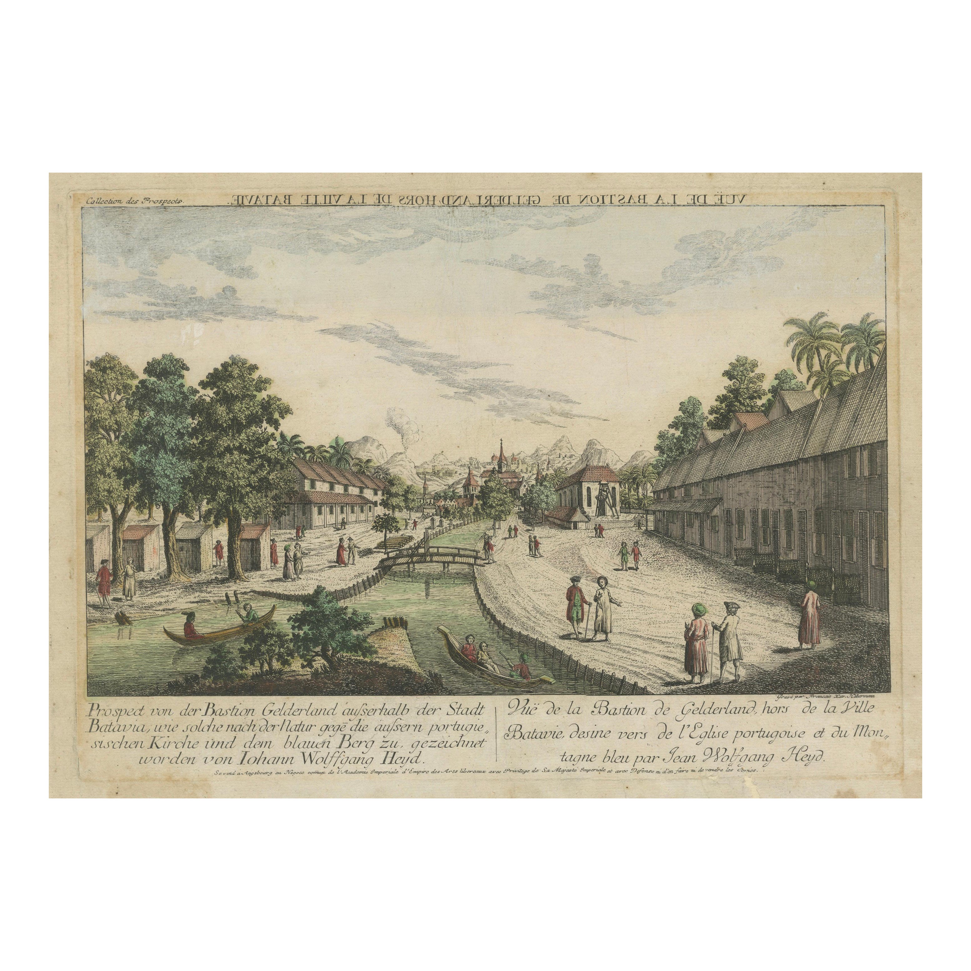 Batavia, une vue de l'église portugaise - Estampe optique ancienne, Indonésie 1770