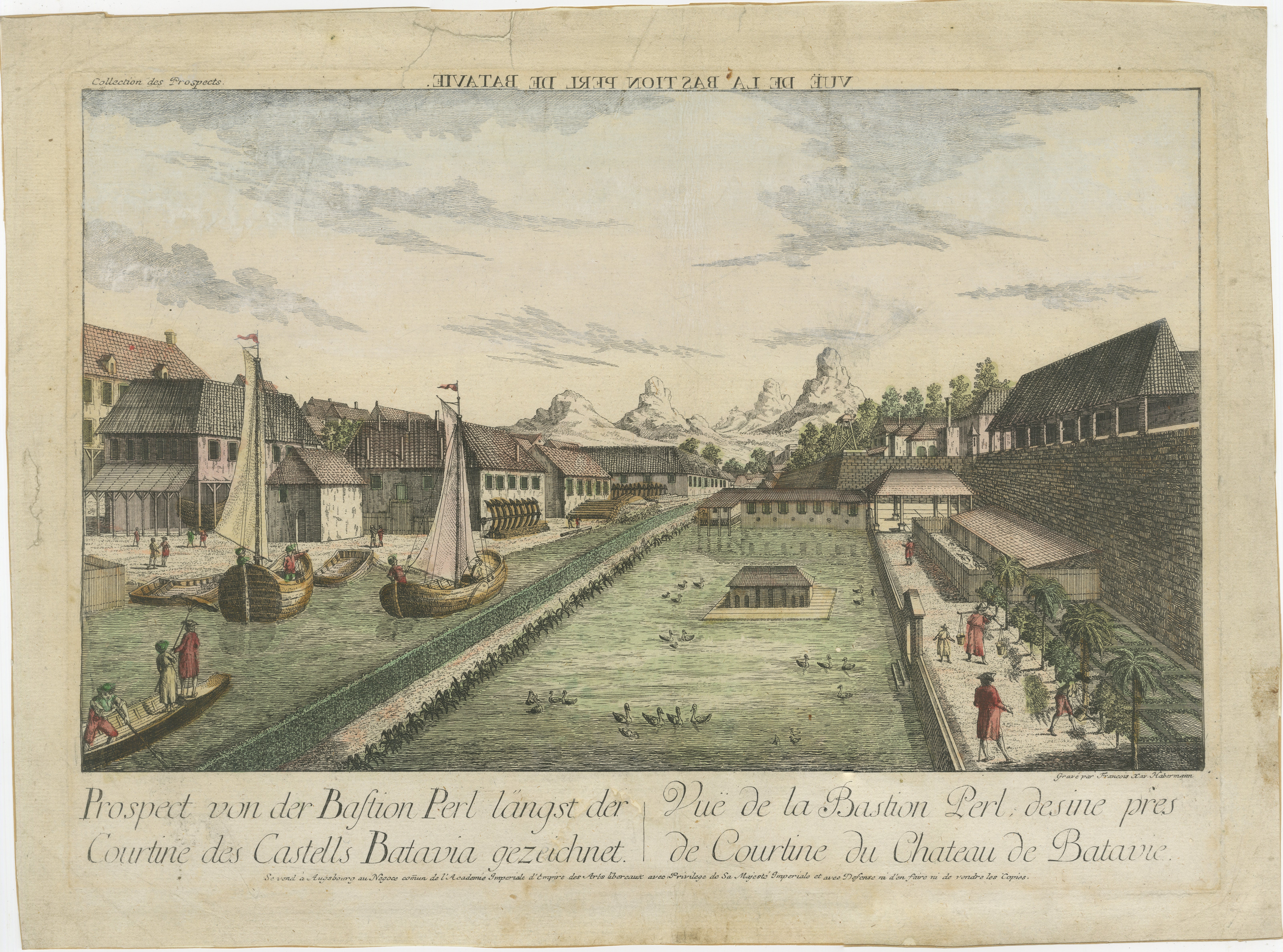 Vue optique du bastion du château de Batavia Perl, Indonésie, vers 1770

Il s'agit d'une épreuve optique originale du XVIIIe siècle, coloriée à la main, représentant une vue du Bastion Perl le long de la courtine du château de Batavia (Kasteel