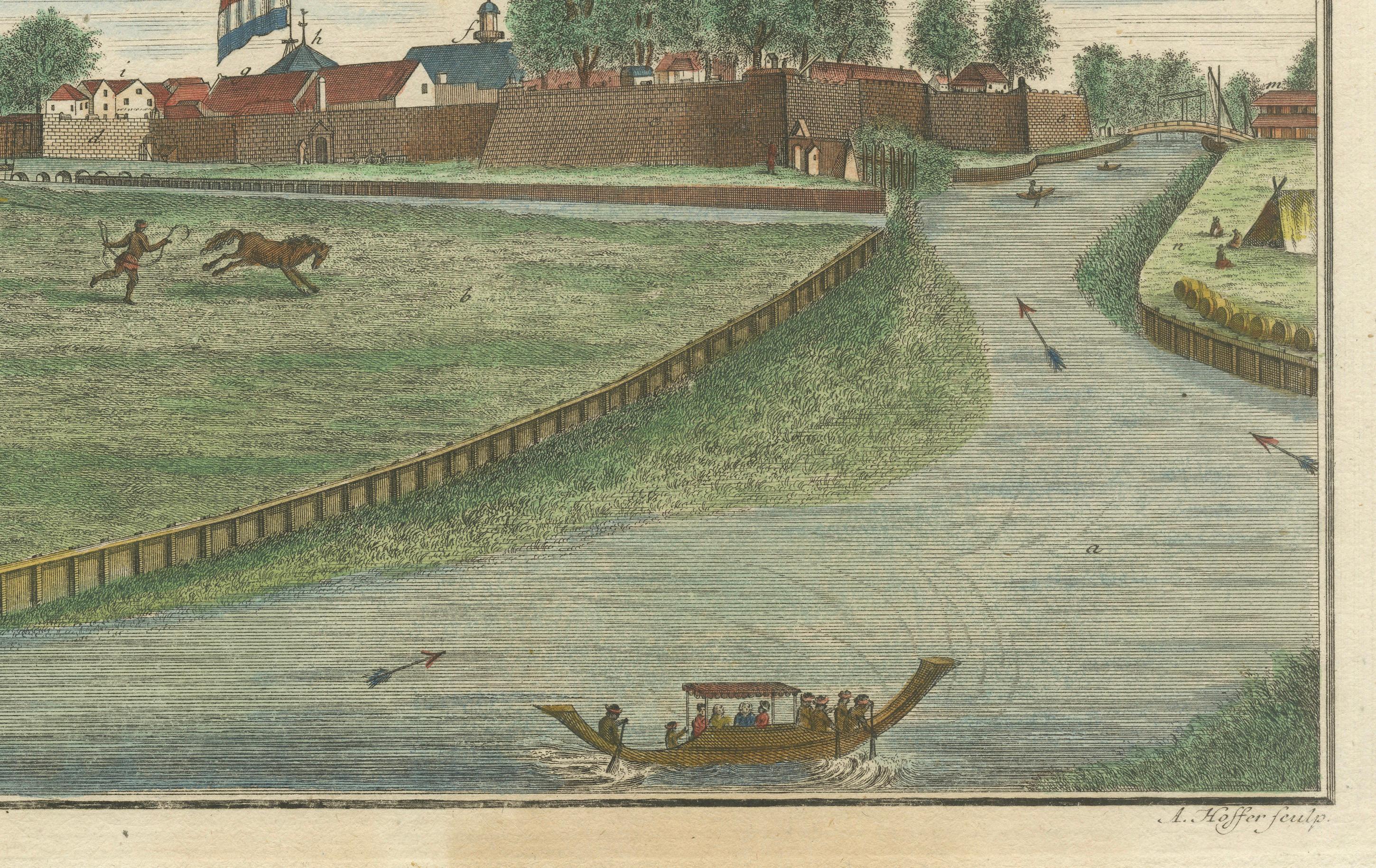 Allemand Château de Batavia et terrain de parade - Gravure à la main de J.W. Heydt, 1738 en vente