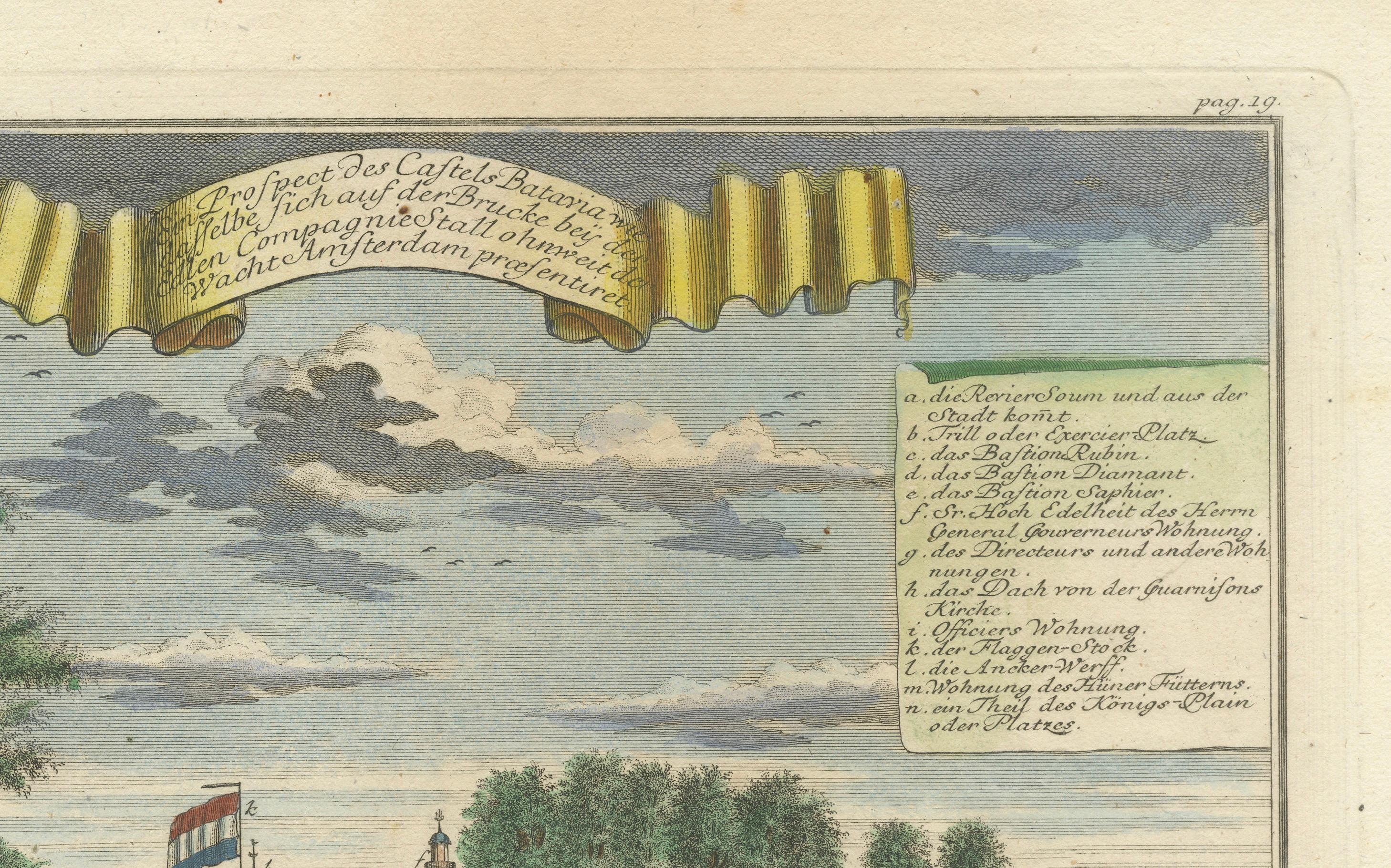 Gravé Château de Batavia et terrain de parade - Gravure à la main de J.W. Heydt, 1738 en vente