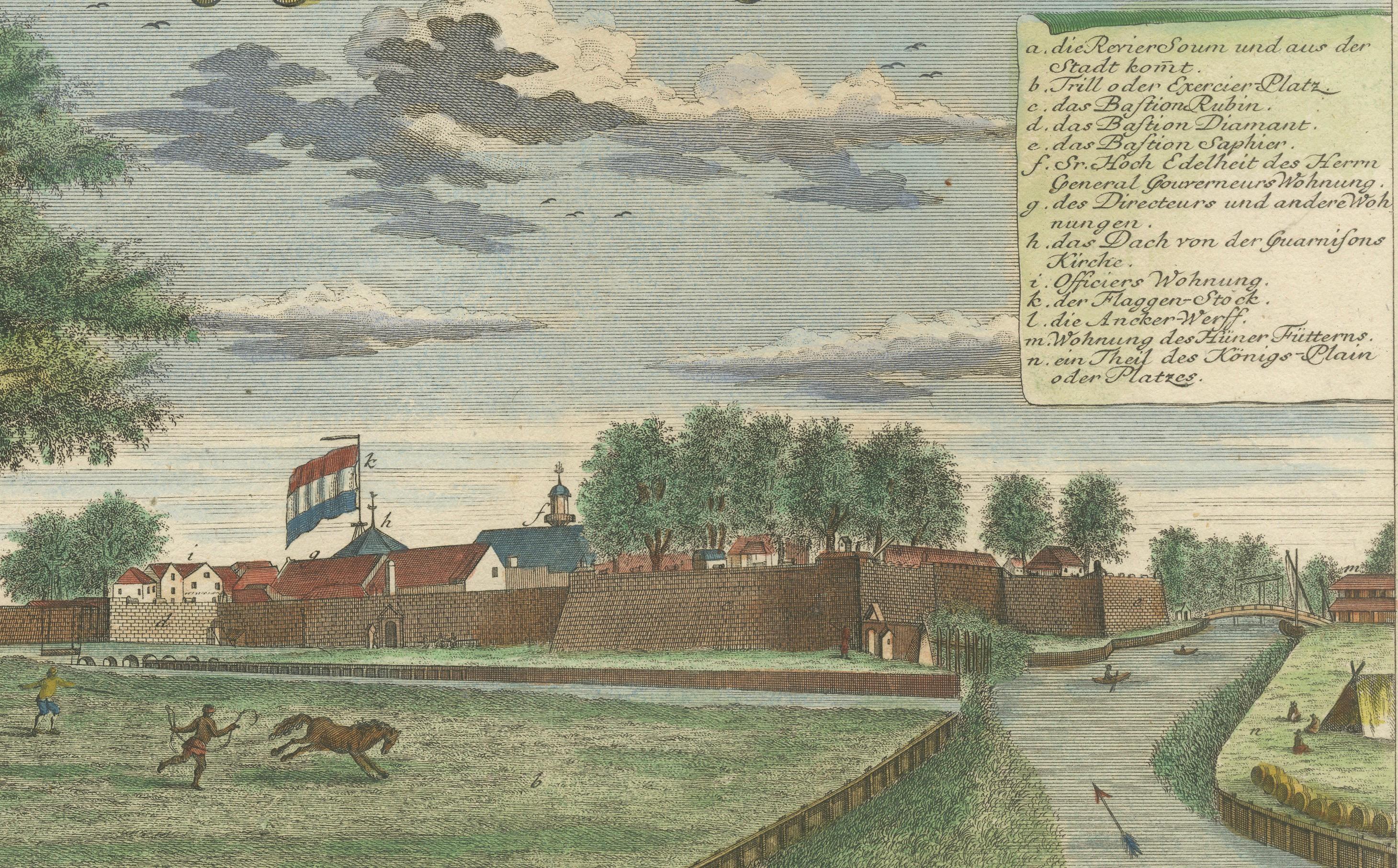 Château de Batavia et terrain de parade - Gravure à la main de J.W. Heydt, 1738 Bon état - En vente à Langweer, NL