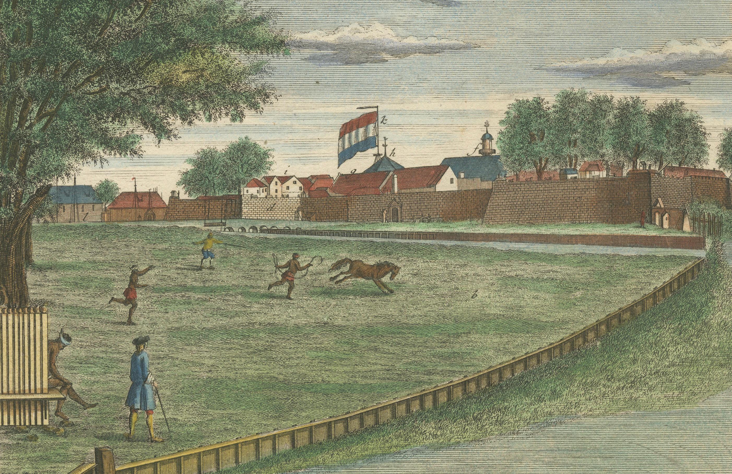 XVIIIe siècle Château de Batavia et terrain de parade - Gravure à la main de J.W. Heydt, 1738 en vente