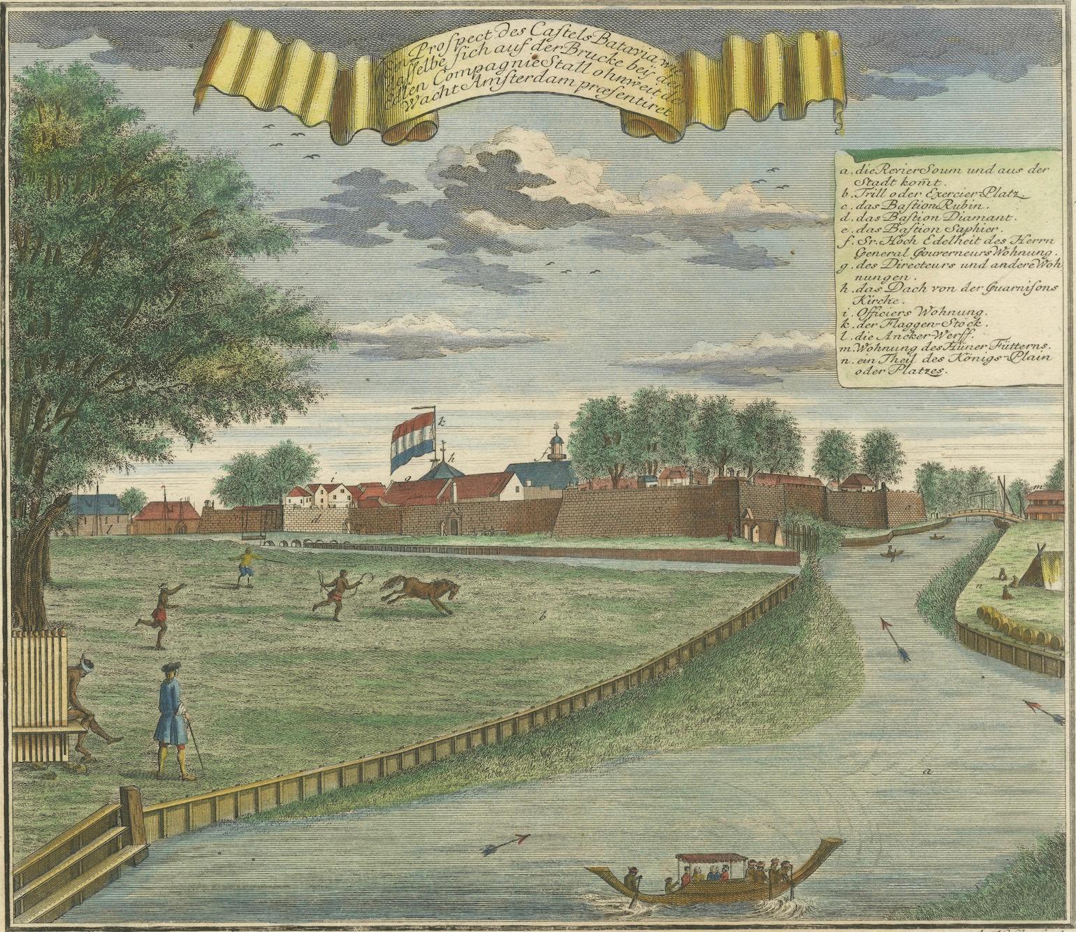 Papier Château de Batavia et terrain de parade - Gravure à la main de J.W. Heydt, 1738 en vente