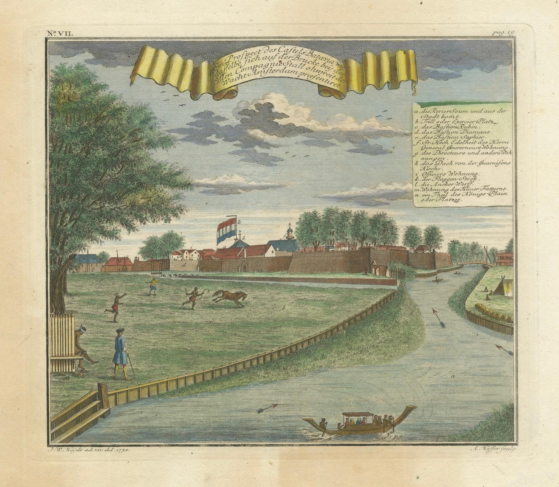 Château de Batavia et terrain de parade - Gravure à la main de J.W. Heydt, 1738 en vente 1