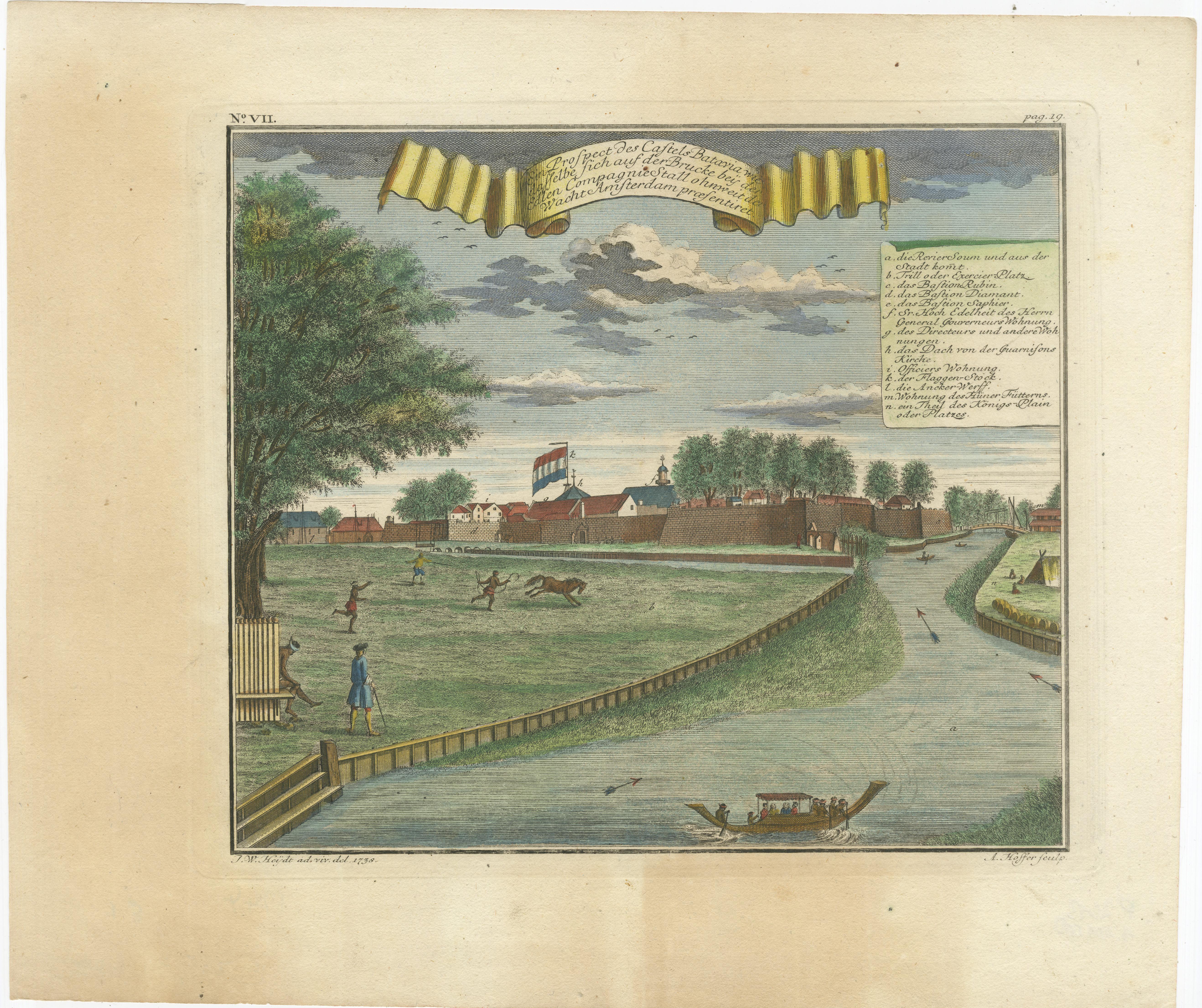 Château de Batavia et terrain de parade - Gravure à la main de J.W. Heydt, 1738 en vente 2