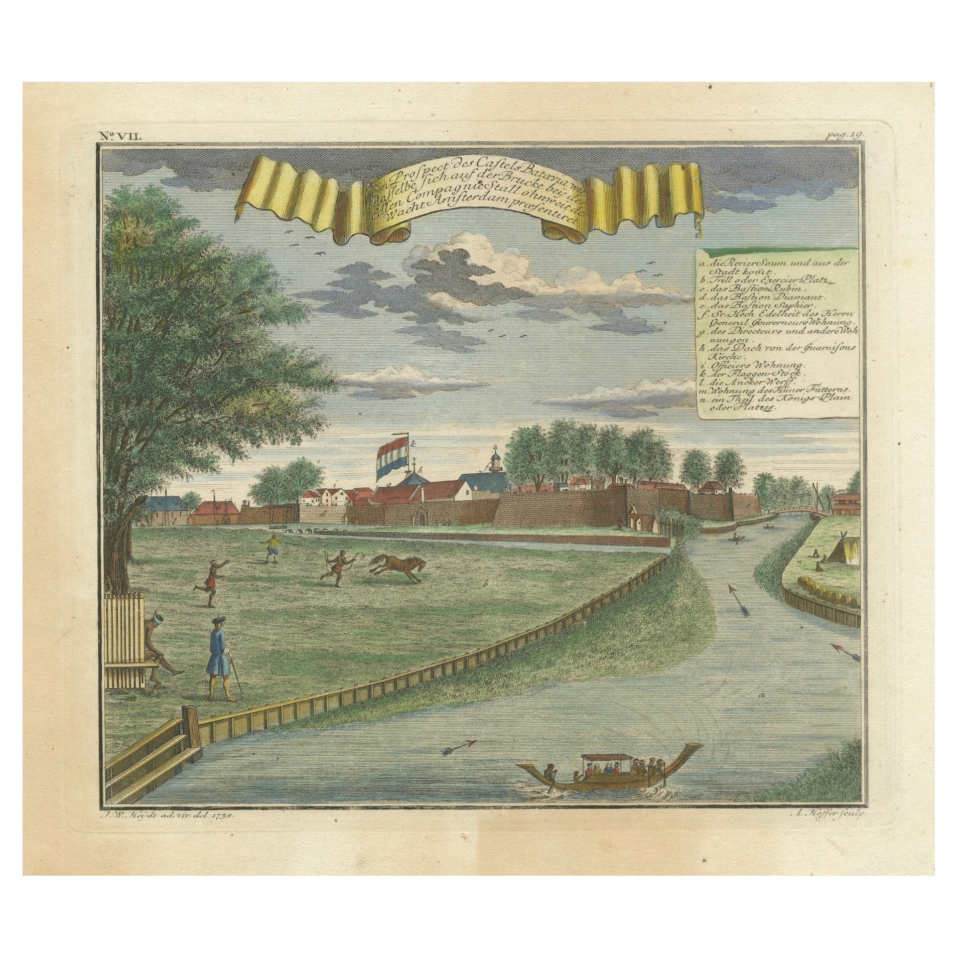 Château de Batavia et terrain de parade - Gravure à la main de J.W. Heydt, 1738 en vente