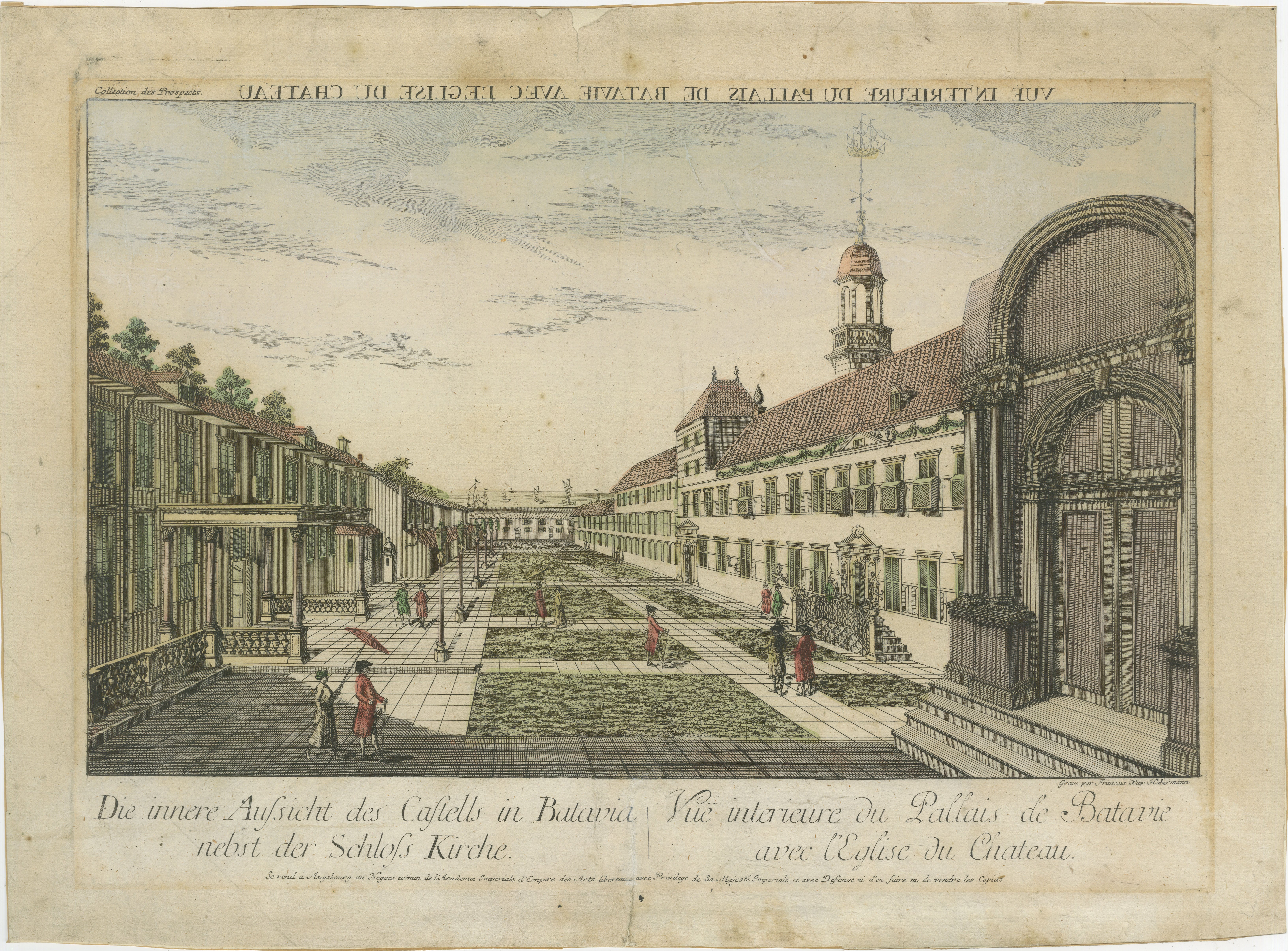 Optica-Ansicht des Innenhofs der Schlosskirche von Batavia, Indonesien, um 1770

Dies ist ein originaler handkolorierter optischer Druck aus dem 18. Jahrhundert, der den Innenhof des Batavia-Schlosses (Kasteel Batavia) mit der Schlosskirche im